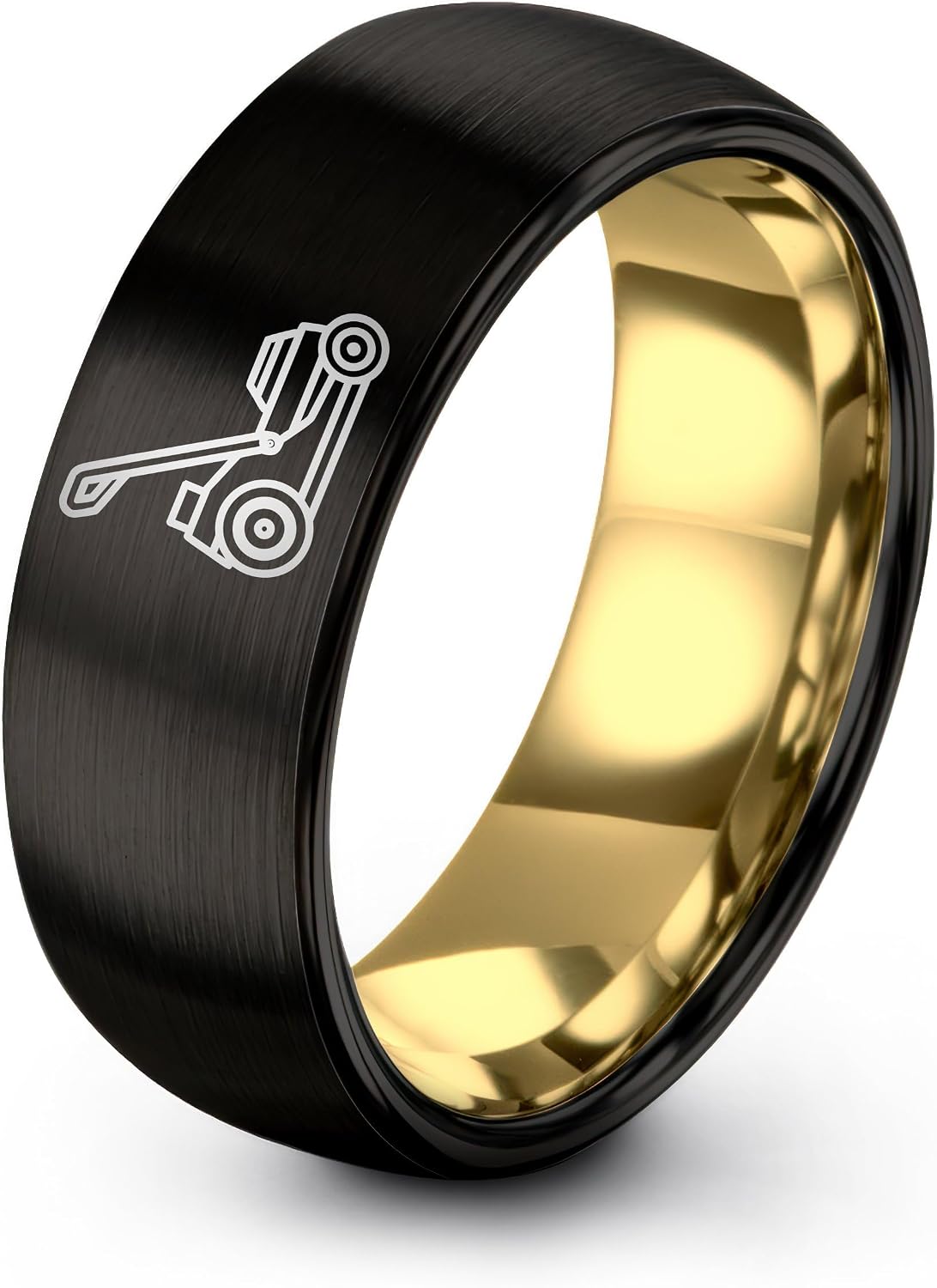 Gift for Garden Fan - Lawn Mower Ring - Black Gunmetal Silver Yellow Gold - Anniversary Wedding - Men Women - 8mm - Brushed Polished - Band - Personalized Custom Engraving - Tungsten - Flat Dome Bevel
