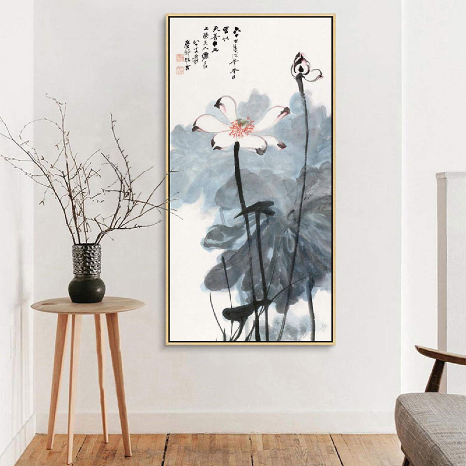 Impresiones de carteles Loto chino Arte de la pared abstracto Pinturas en lienzo Estirada y enmarcada Imagen artística para la decoración del hogar 45x90cm marco interior