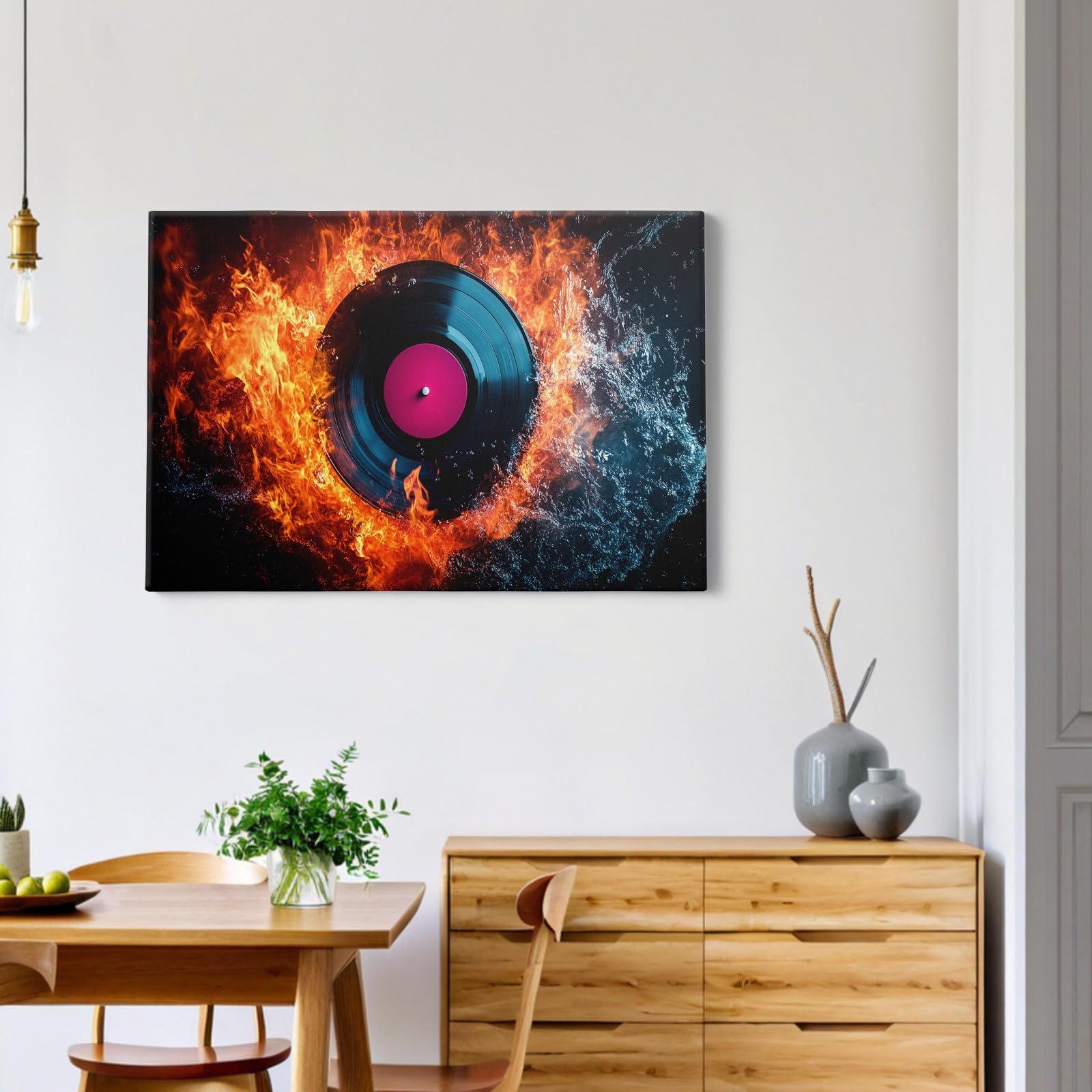 Quadro Moderno Effetto Pittura 70 x 50 cm Dischi in vinile musicali Stampa su Tela Elementi Acqua E Fuoco Decorazione Murale per Soggiorno Camera Cucina Arredo Casa