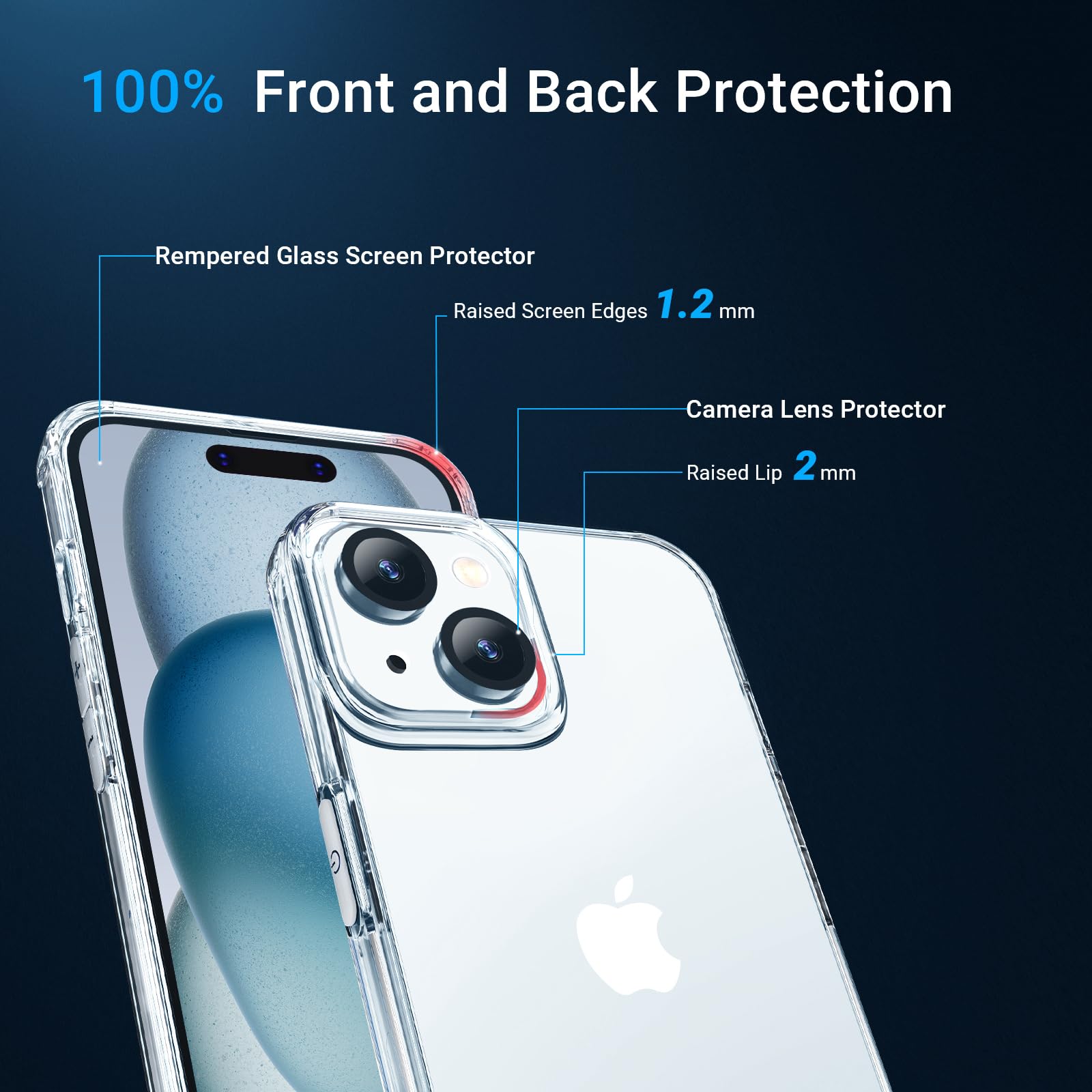 [5 in 1 Designed for iPhone 15 Clear Case with Screen Protector[2 Pack] +Camera Lens Protector[2 Pack], Military Grade Drop Protection Transparent Cover 6.1 Inch