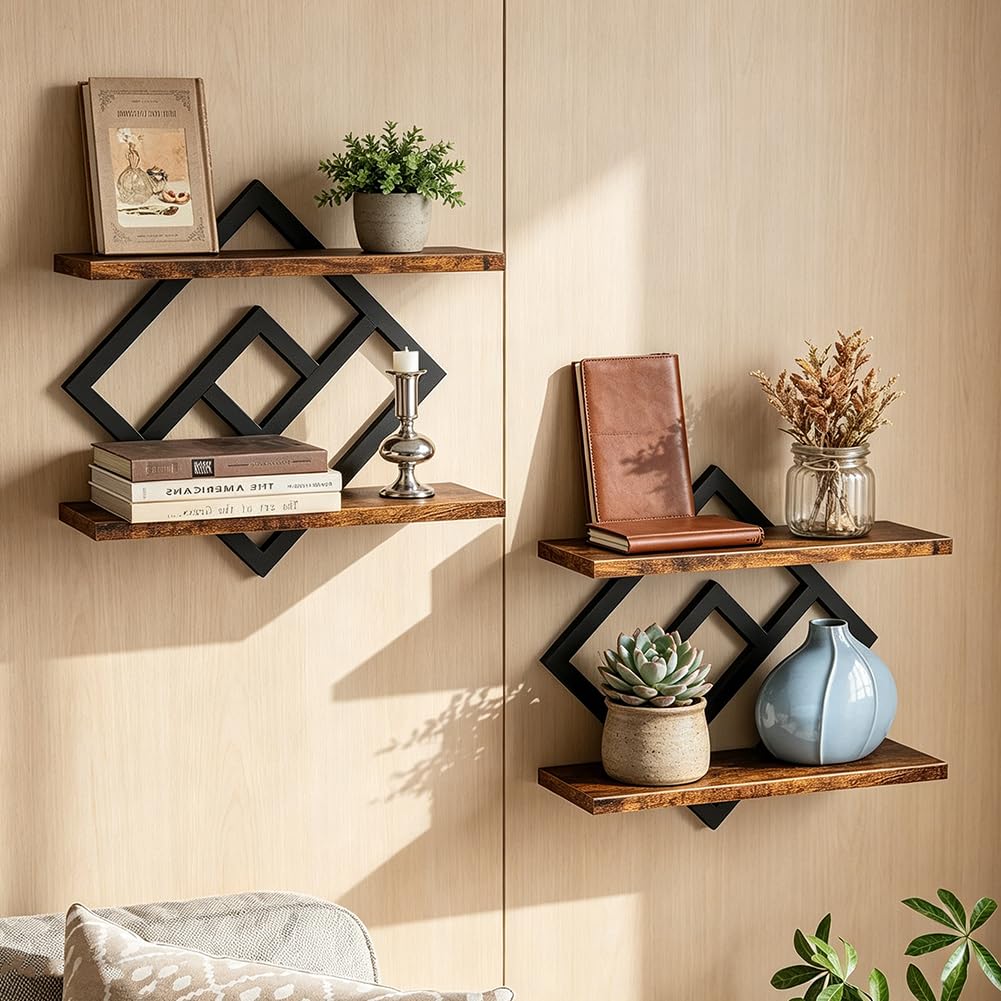 Lot de 2 étagères murales en bois et métal - Étagère flottante à 2 étages - Pour salon, chambre à coucher, cuisine, bureau - Noir (style B)