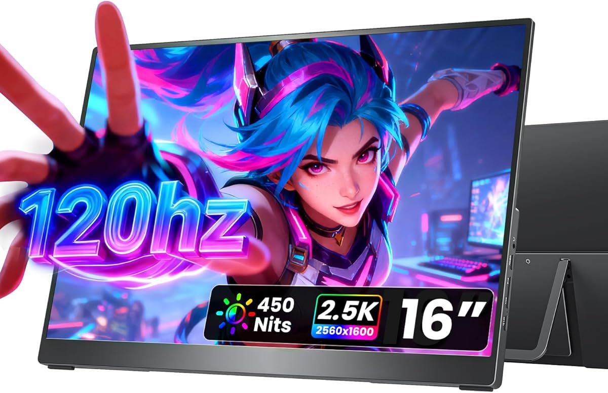 cocopar Portable Monitor 16 Inch 2.5K QHD 120Hz 110% sRGB Travel Monitor with Speaker HDMI USB-C Second Screen for Laptop MacBook Surface PC Xbox PS4/5, VESA Mountable, with Kickstand