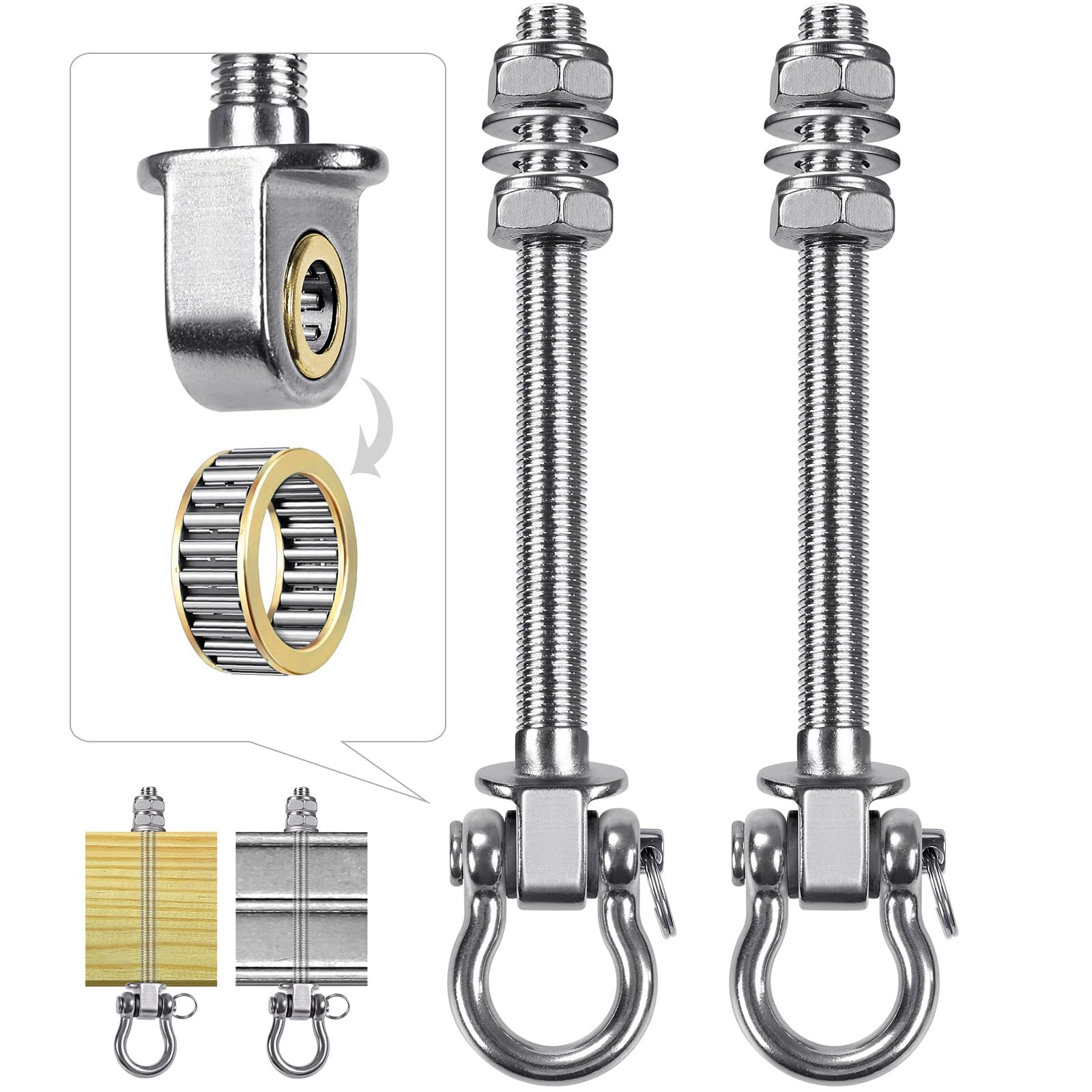 Dolibest 2pcs Swing Hanger with Bearing, 225mm Heavy Duty Hammock Hook M10 Hanging Chair Screw Eye Bolt Swivel Ceiling Beam Mounting Bracket for Yoga Rope/Aerial Hoop/Punching Bag/Sandbag, 1500lbs — image 1