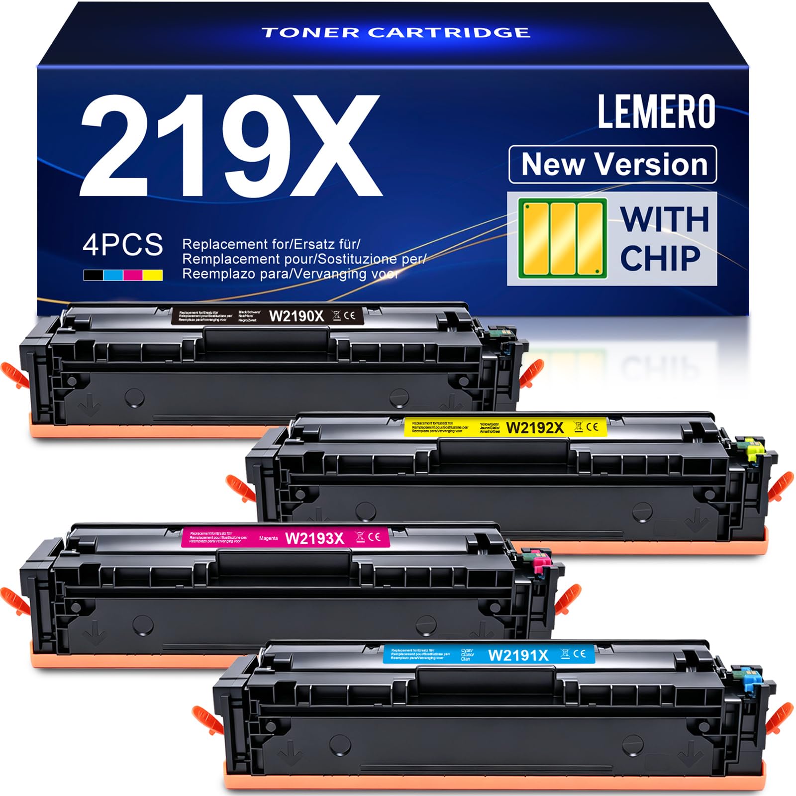 Lemero 219X Toner Mit Chip MFP 3302FDWG Schwarz Cyan Magenta Gelb 4per-Pack | Tonerkartusche Kompatibel für HP Color LaserJet Pro MFP 3302SDWG 3302FDNG 3302FDW 3302SDW 3302FDN 3202DN 3202DW W2190X