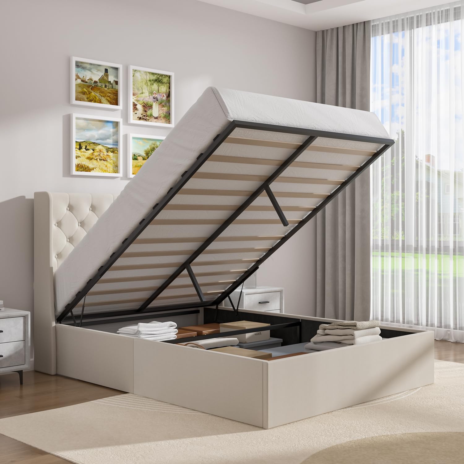 ( Incomplete Box 1Of 2)  Full Size Lift Up Storage Bed, Upholstered Platform Bed Frame with Storage, Lift Up Full Bed Frame with Wingback, Hydraulic Storage, Wood Slats Support, No Box Spring Needed (Full)