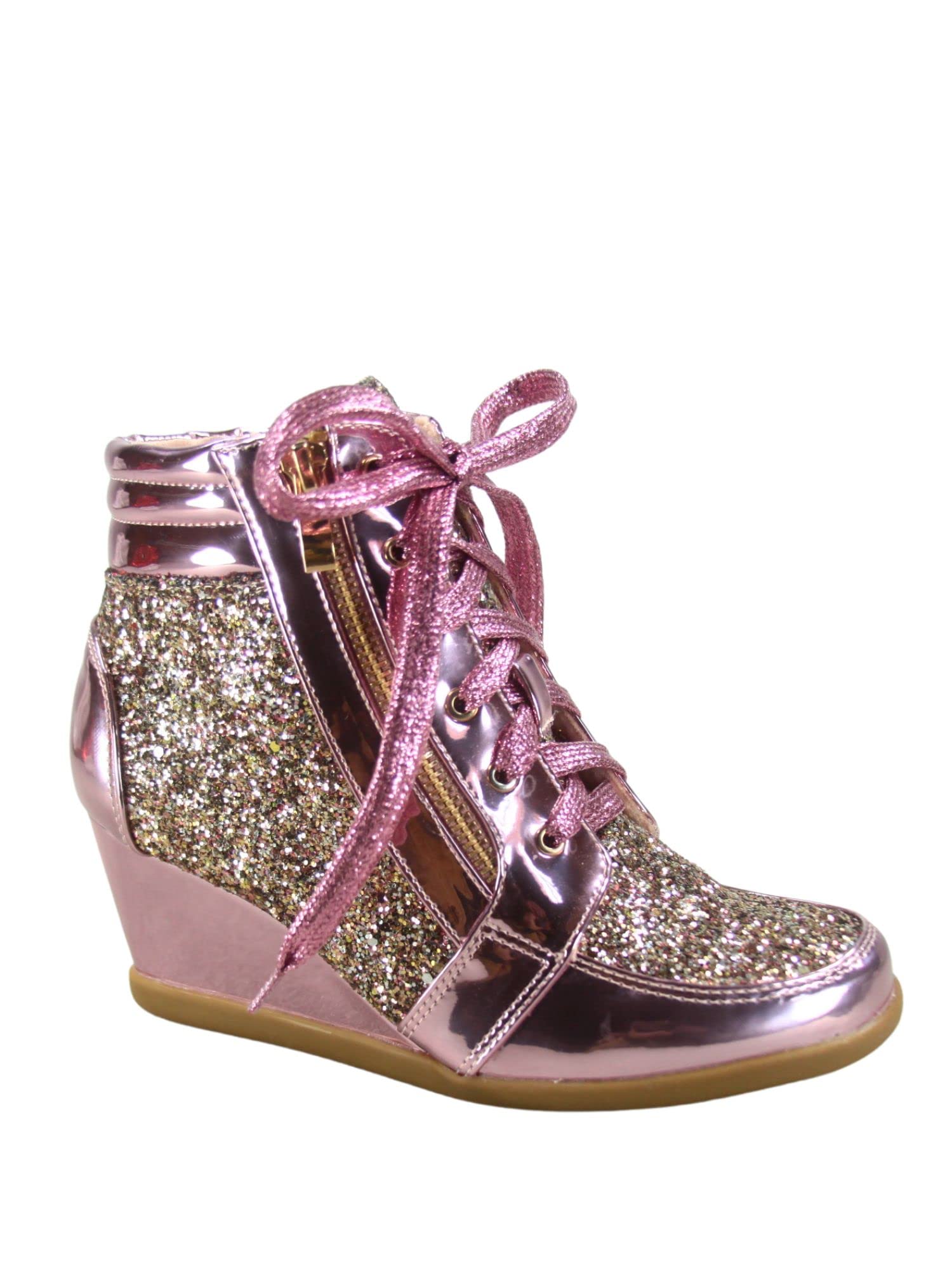 Forever Link Women's Fashion Glitter High Top Lace Up Wedge Sneaker Shoes