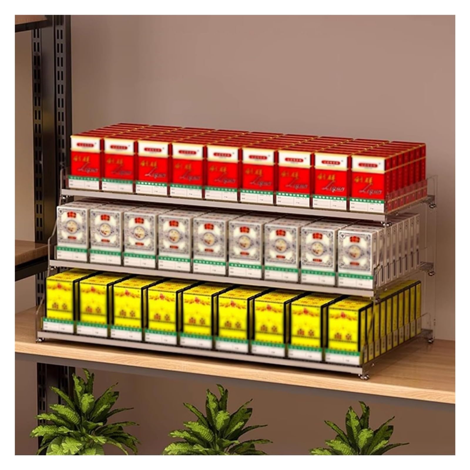 Présentoir à cigarettes en acrylique et support à poussoir automatique à 3 niveaux