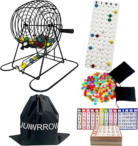 Juego de bingo jumbo con jaula de rueda de 11 pulgadas, 1000 fichas coloridas con una bolsa, 100 tarjetas mixtas, 75 bolas de llamada y tablero
