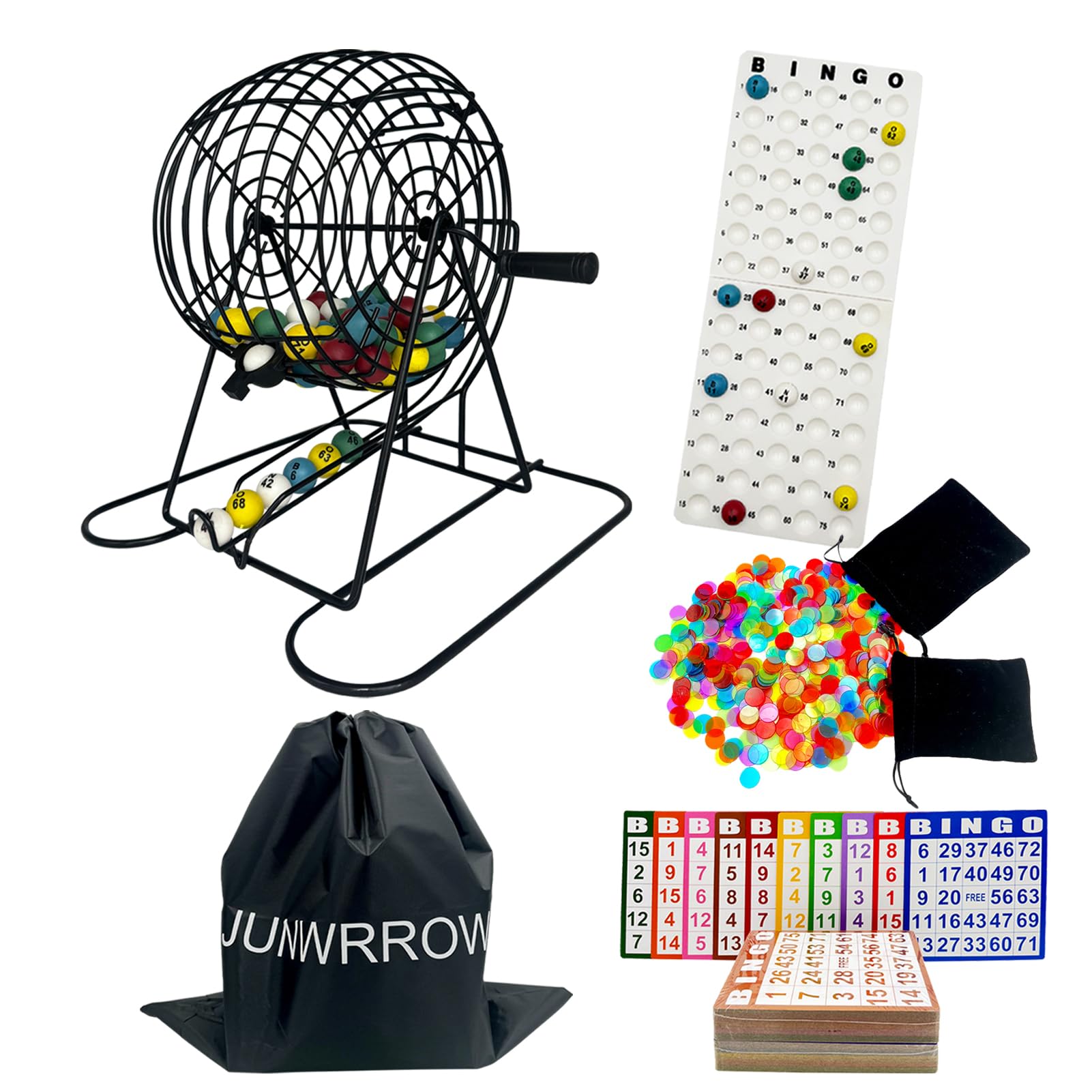 JUNWRROW Jumbo Bingo Game Set with 11" Wheel Cage,1000 Colorful Chips with a Bag,100 Mixed Cards,75 Calling Balls & Plactic Master Board,Bingo Storage