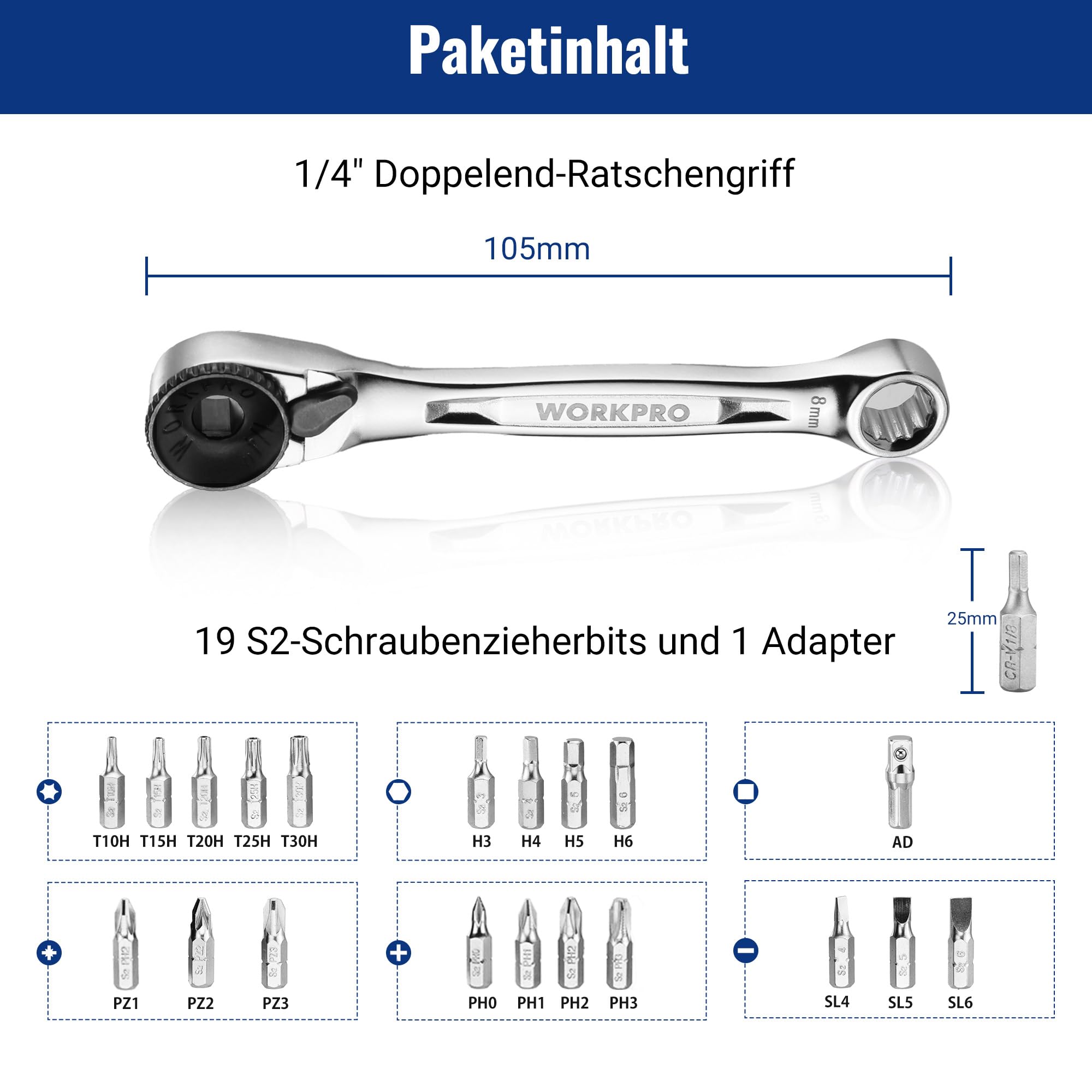 WORKPRO Mini-Ratschen-Set, 1/4" Umschaltknarre, 72-Zahn Ratschengriff, Ratschenschlüsselsatz, mit 20 Zubehörteilen, für die Routinewartung