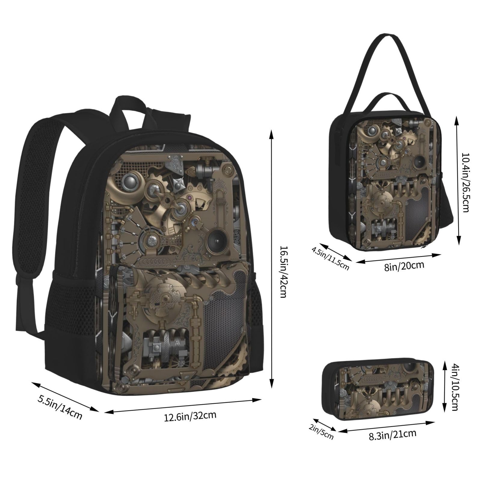 3 szt. zestaw plecaka, wodoodporna torba na książki, izolowana torba na lunch i piórnik, podróż, wędrówki, nadruk nuty, Steampunk przekładnia mechaniczna, Jeden rozmiar