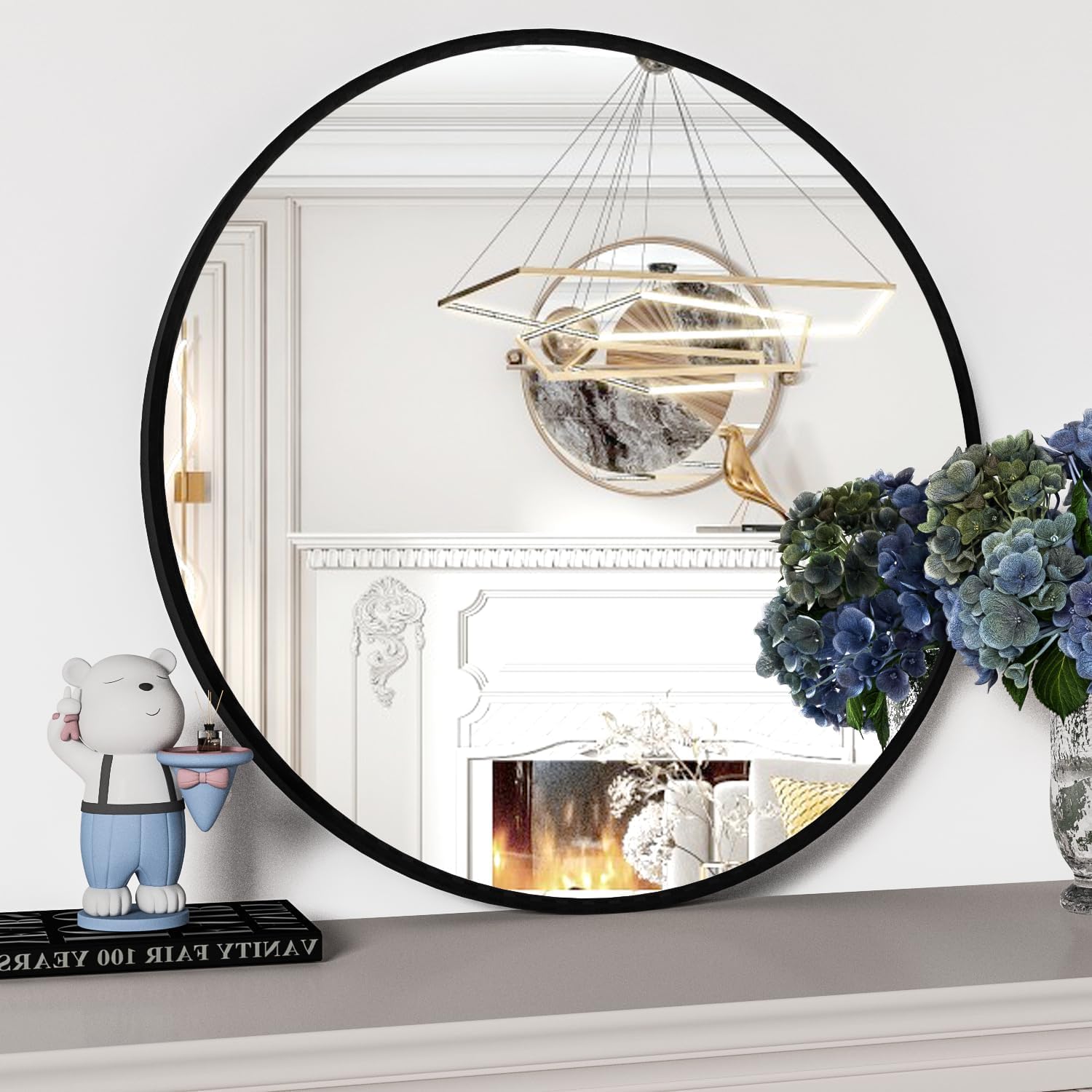 60cm Bathroom Mirror, Wall Mounted Black Round Mirror, Circle Mirror with Metal Frame, Modern Hanging Vanity Mirror, Wall Mirror for Bathroom, Entryway, Living Room
