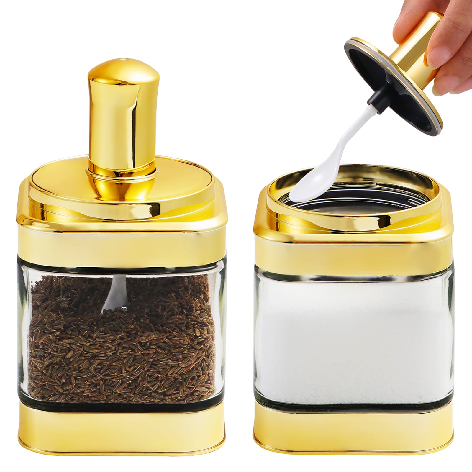 XunyouGlass Condiment Jar with Lids and Spoons, Clear Spice Container for Sugar Salt Pepper, Gold Seasoning Box for Kitchen, Counter, Coffee Bar (2pack,11oz/320ml)