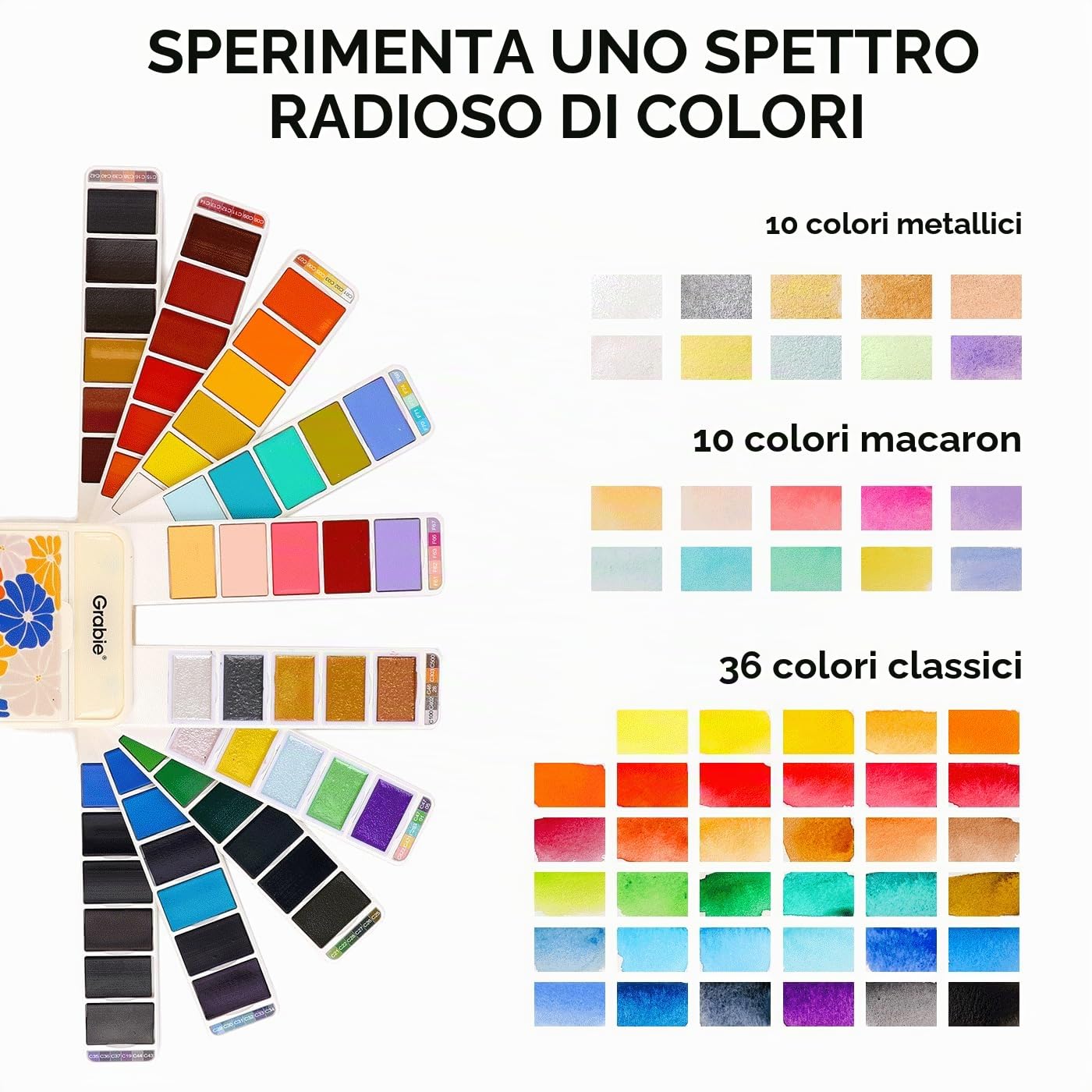 Grabie set di acquerelli portatile 56 colori con pennello e tavolozza | Pennello ad acqua, tavolozza integrata e spugna removibile, set compatto per schizzi, journaling e pittura