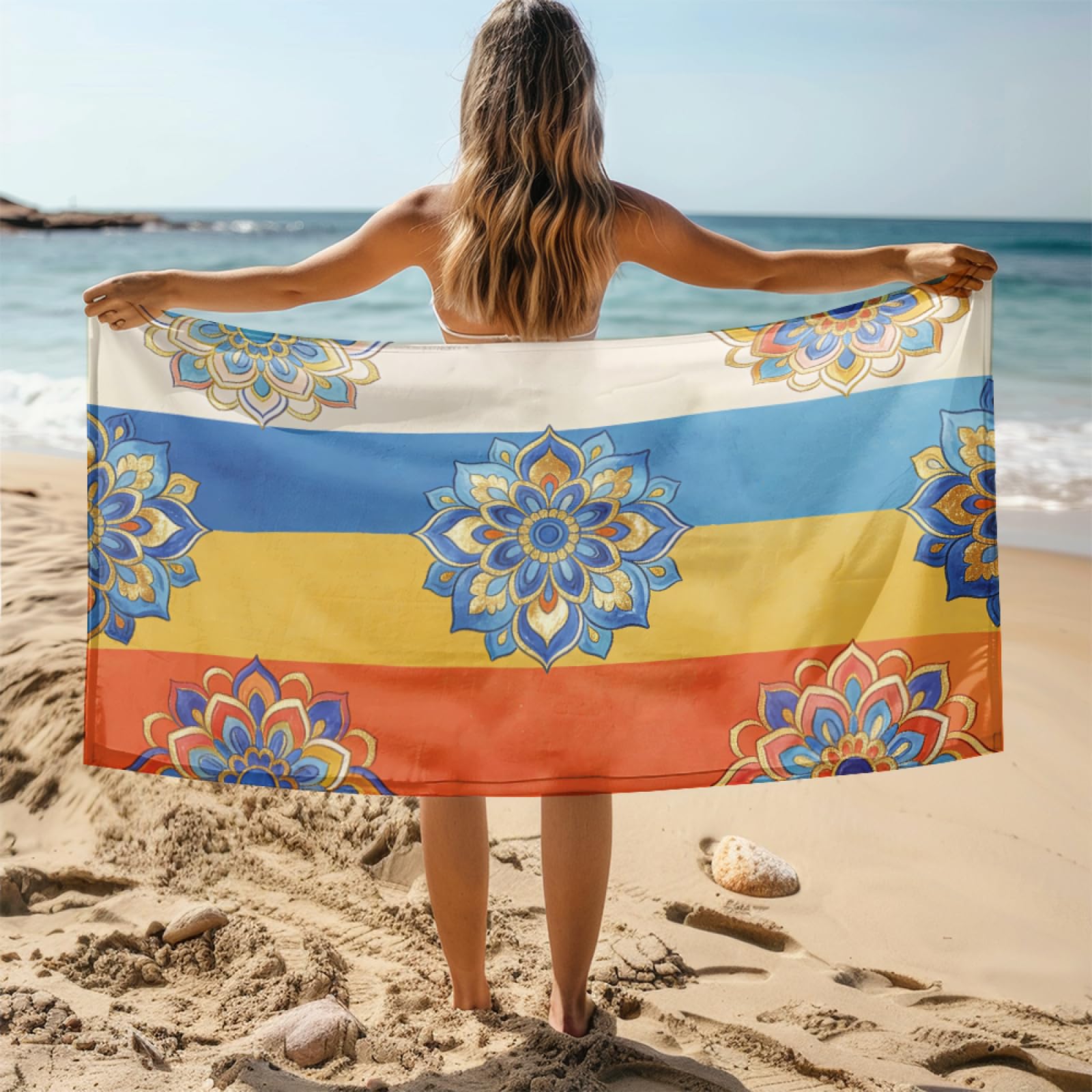 Tapis de Plage XXL Anti Sable Orange De Style Bohème Serviette Piscine Adulte,Natte De Plage Pliable, Voyage Accessoires De Plage Camping,Serviette de Bain Personnalisée