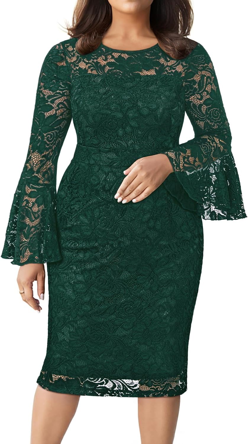 Holipick Women's Plus Size Lace Bell Sleeve Dress Wedding Guest Cocktail Party Elegant Dresses