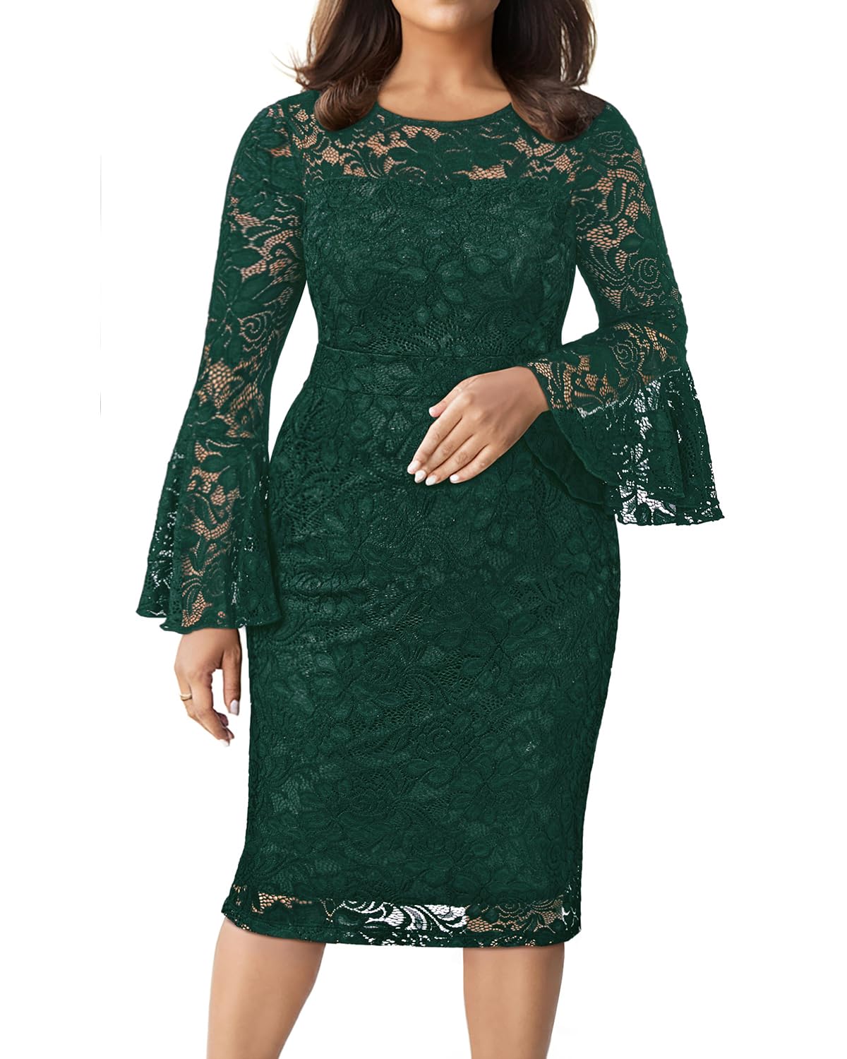 Holipick Women's Plus Size Lace Bell Sleeve Dress Wedding Guest Cocktail Party Elegant Dresses