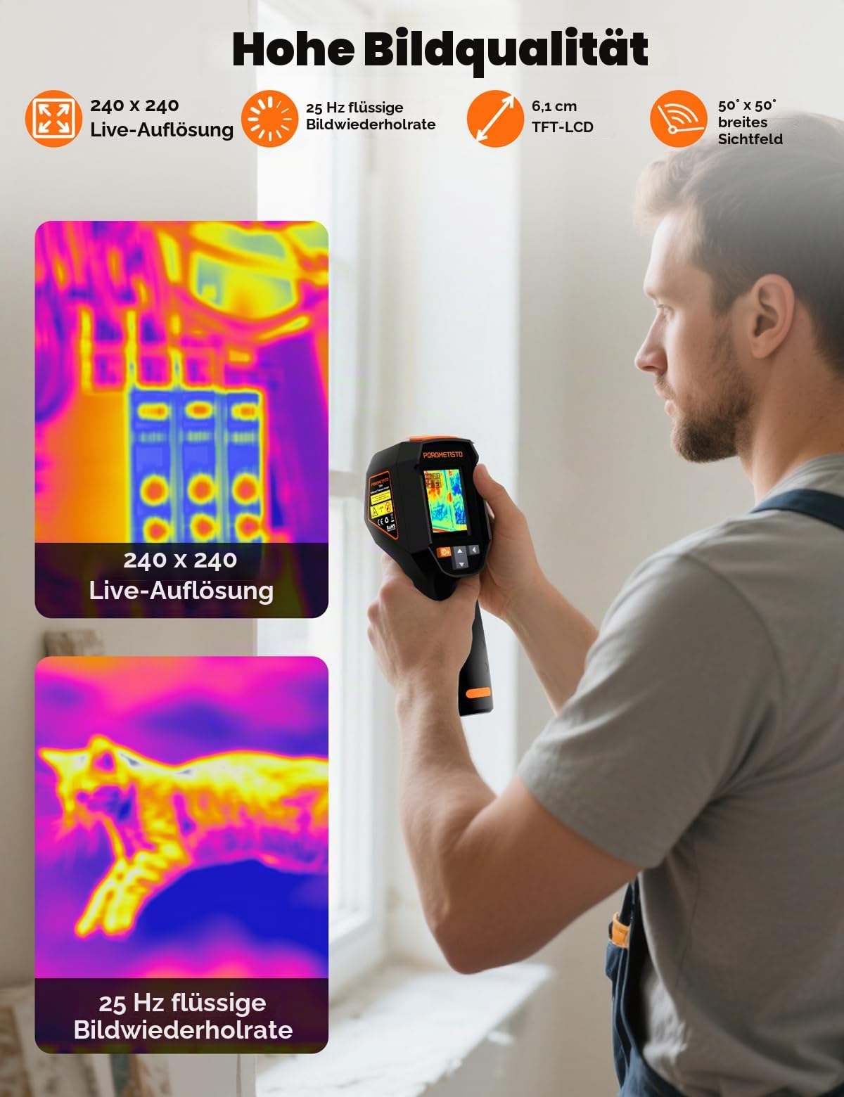 Professionelle Wärmebildkamera Handheld, 240 x 240 Wärmebildauflösung, 25Hz, -20°C bis 550°C, 15 Farbpaletten, mit Emissionsgrad-Anpassung & Laserpointer, für HVAC, Hausinspektion
