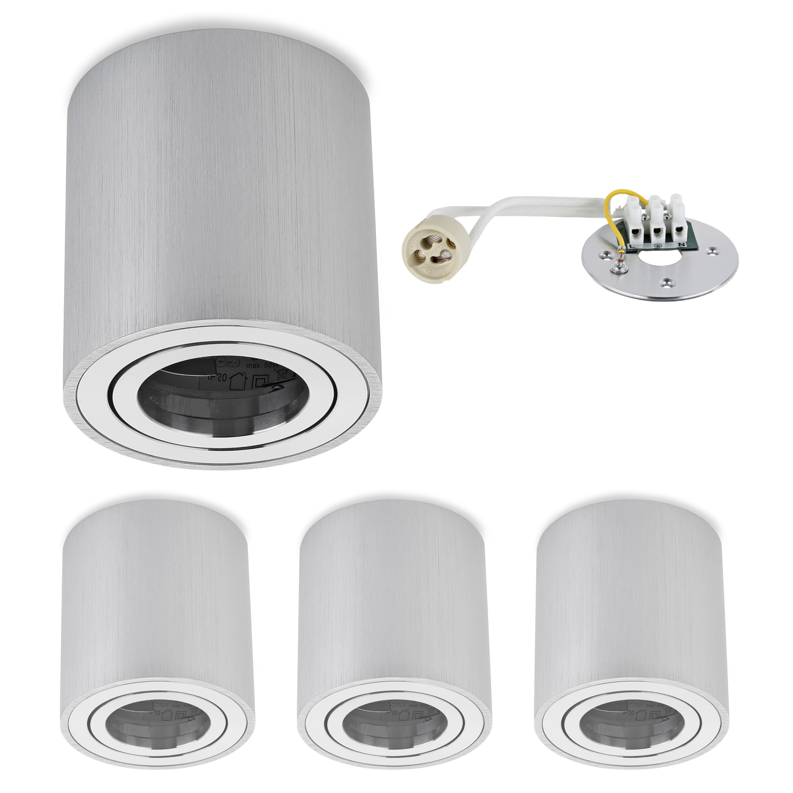 Sweet LED 4x marco de superficie de aluminio - foco de superficie IP20 orientable con casquillo GU10, 230V - focos de superficie redondos - 80x84mm, plateado