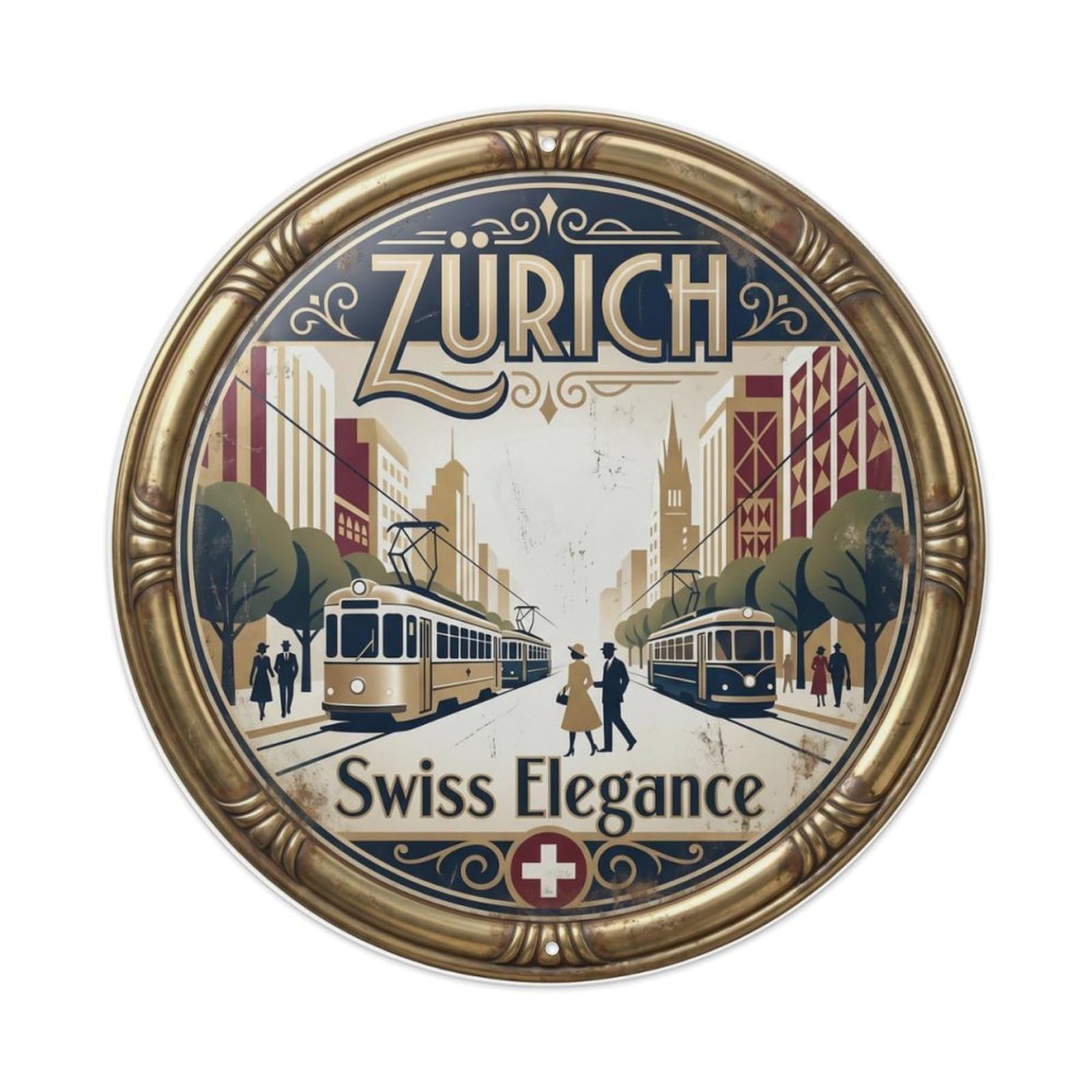 Vintage Travel Zurich Switzerland Boulevard Metal Tin Sign Plaque Wall Decor for Cafe, Club Bar, Office, Home Garden Round Metal Poster 8x8Inch