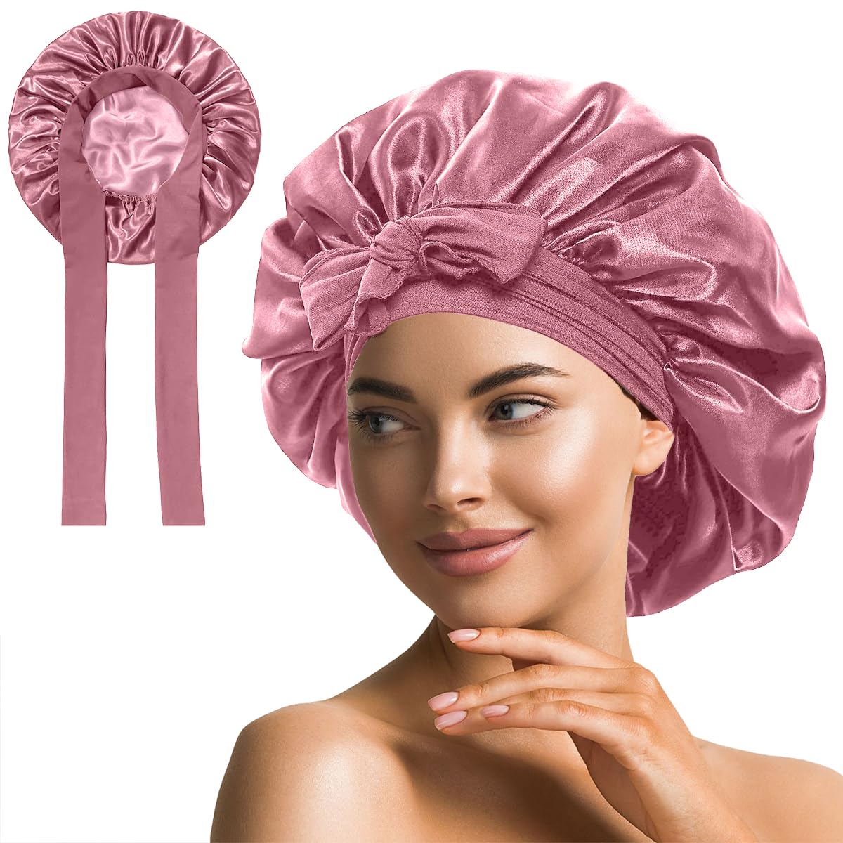 Double Layer Shower Cap for Women with Bowknot, Satin Night Reusable Bonnet for Straight Wavy & Curly Hairs