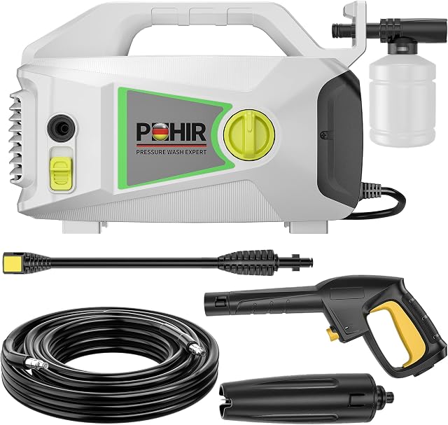 POHIR Pressure Washers, PHR-203 Portable Pressure Washer with Automatic Start-Stop Function, Jet Wash Kit, Flow Rate 390 L/h, 1200W, 90Bar, Jet Washers for Patio Cleaning and Car