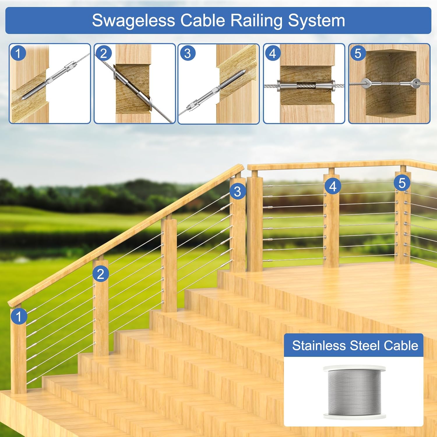 BLIKA Upgraded 20 Pack 3/16" Swageless Lag Screws Left & Right for Wood Posts, Swageless Lag Screw Terminals, T316 Stainless Steel, Swageless Cable Railing Kit, Deck Wire Railing Kits