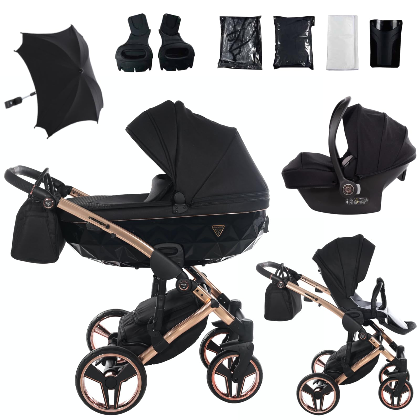 Junama Passeggino TRIO Diamond S 03 Nero e Rame - 2in1 3in1 4in1 + ombrellino (3 in 1 con Seggiolino Auto)