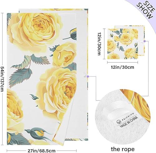 Miniatura 3 de susiyo Juego de toallas de 100 % algodón, 1 toalla de baño y 1 toalla pequeña con diseño de flores amarillas