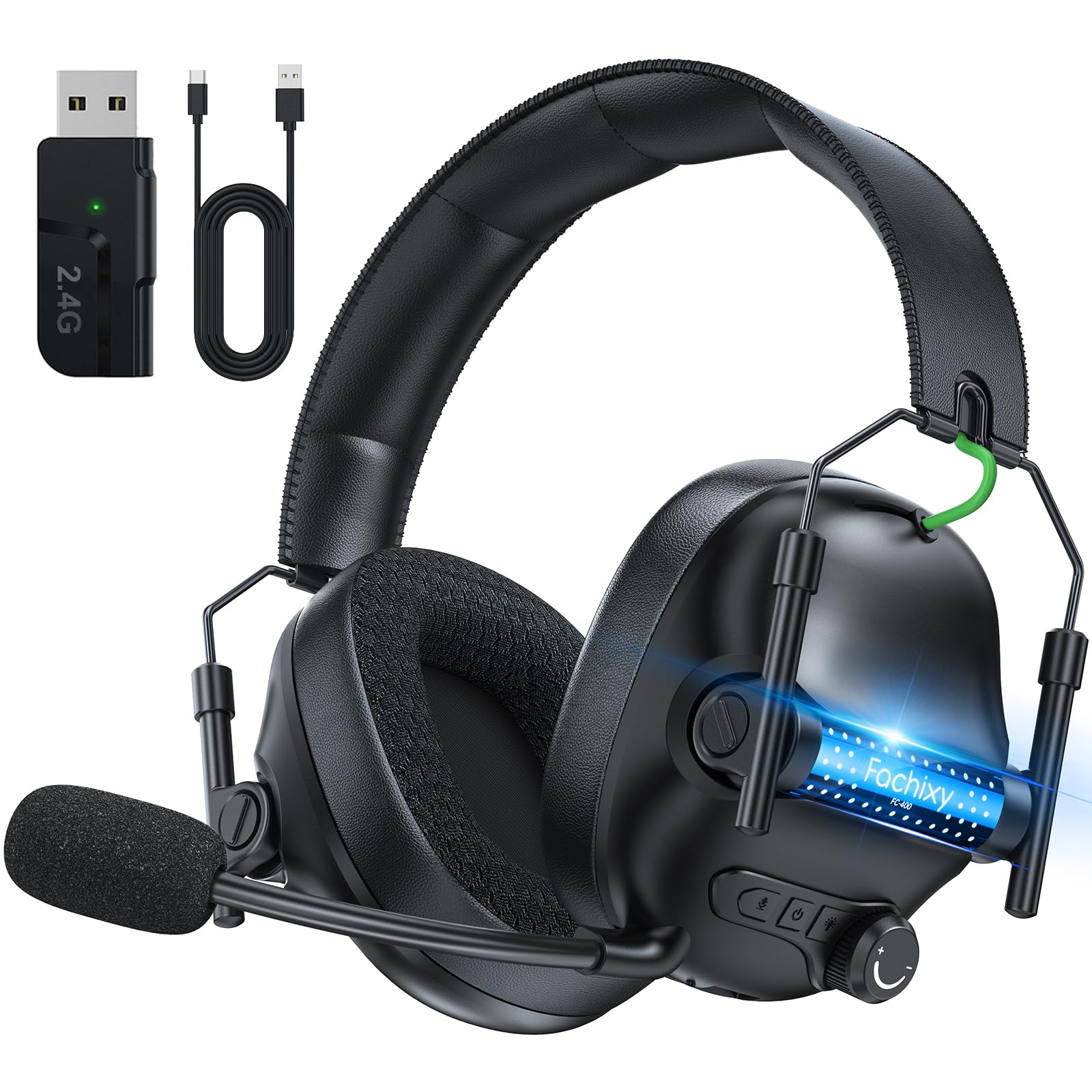 Fachixy FC400 Cascos Gaming Inalámbricos, 2.4GHz Bluetooth Auriculares Gaming Inalambricos para PS5, PS4, PC, Switch, Cancelación de Ruido de Baja latencia, luz LED, Duración 50Hr