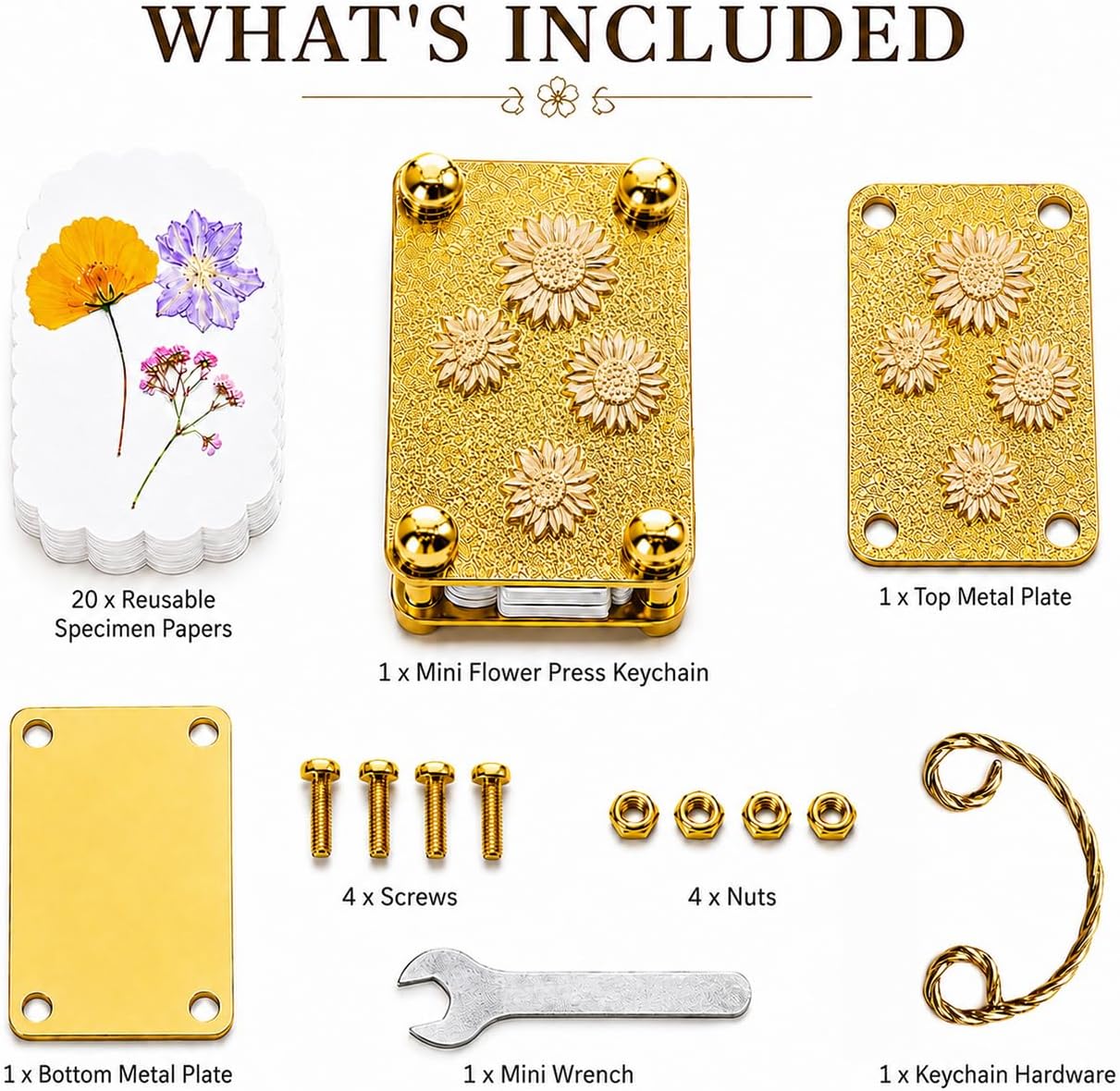 Flower Press Keychain, Portable Botanical Preservation Kit, Sunflower | Mini Pocket Tool for Pressed Flowers, Journaling, Scrapbooking, Resin Art & DIY Crafts with 20 Reusable Blotting Papers