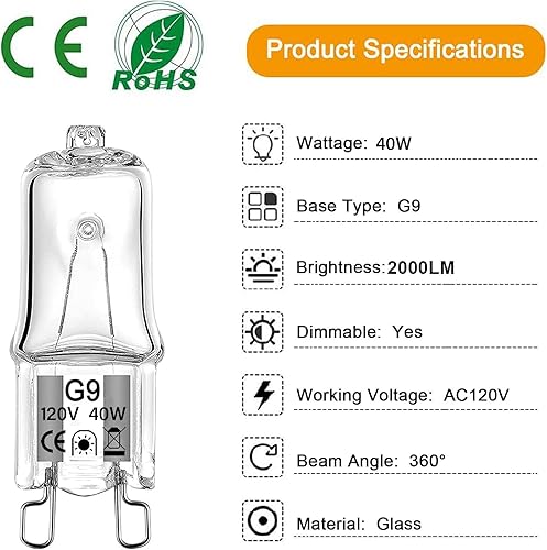 Miniatura 3 de Bombilla halógena G9 de 40 W, 120 voltios, regulable, tipo T4 JCD, base bi-pin para candelabros, colgantes, luces de gabinete, reemplazo de luces