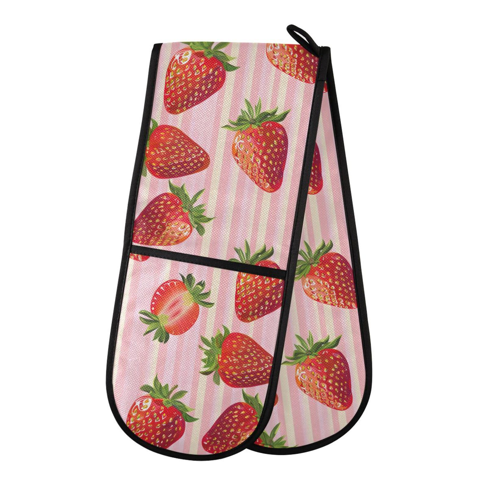 Double Oven Gloves Strawberry Pink Stripes Heat Resistant Pot Holder Oven Mitt Gloves for BBQ Cooking Baking Grilling Microwave