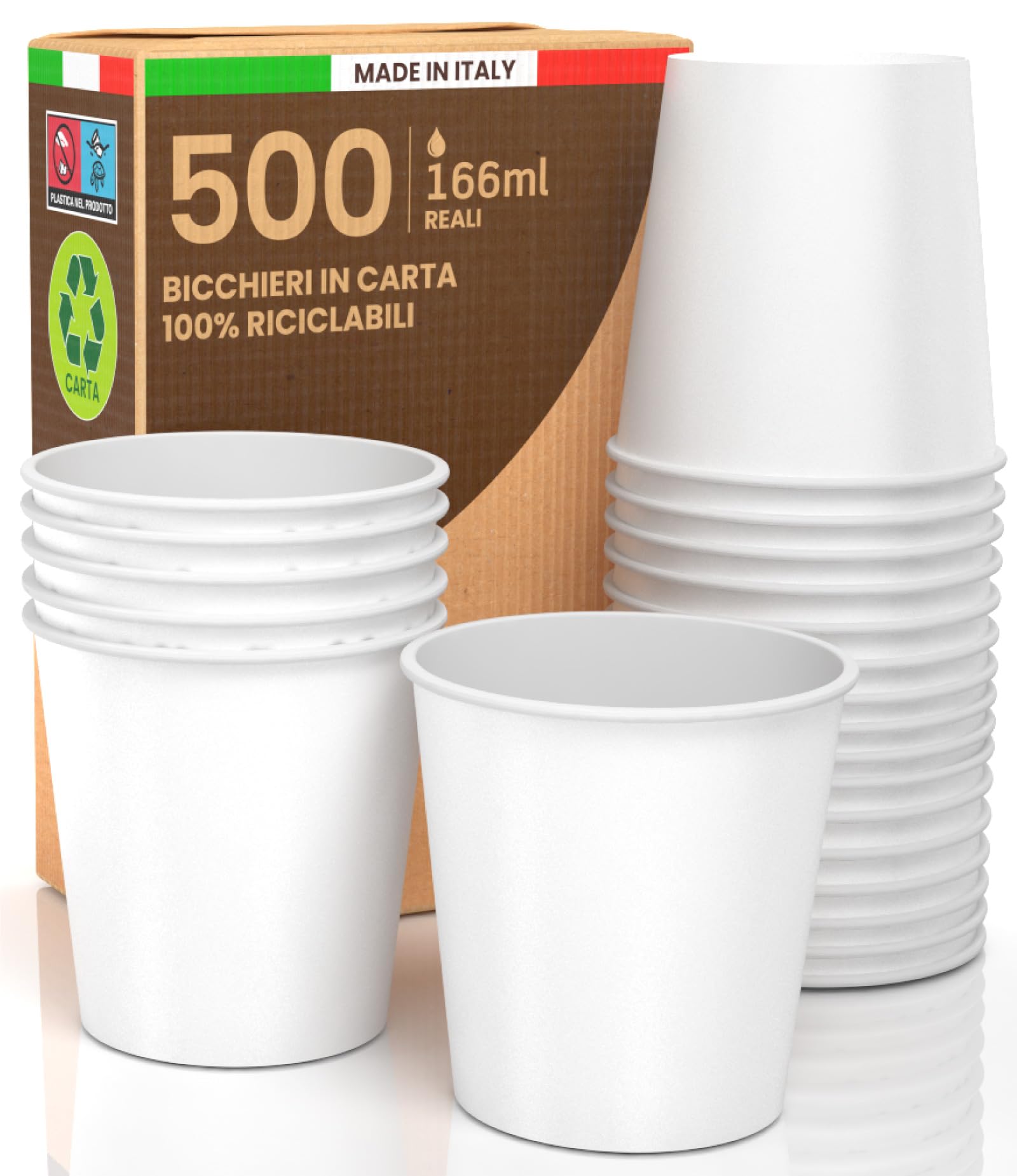 Eurocali 500 Bicchieri Bianchi 166ml in Carta per Ufficio, Aziende, Bar, Ristoranti - Bicchierini Monouso Ecologici Biodegradabili Asporto Bevande Calde e Fredde - Made in Italy - HoReCa