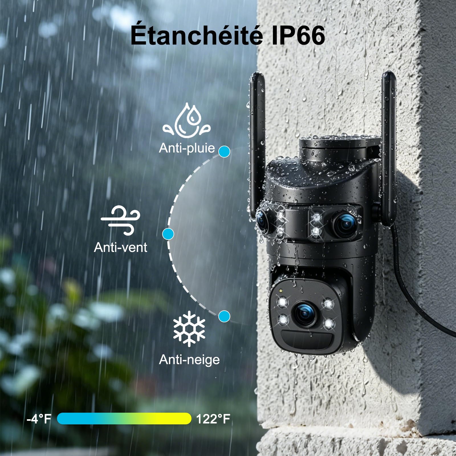 4K Caméra de Surveillance WiFi Extérieure,Triple Objectif Camera Extérieur | 360° PTZ Sécurité à Domicile,Suivi Automatique,Vision Nocturne Couleur,Audio Bidirectionnel,IP66