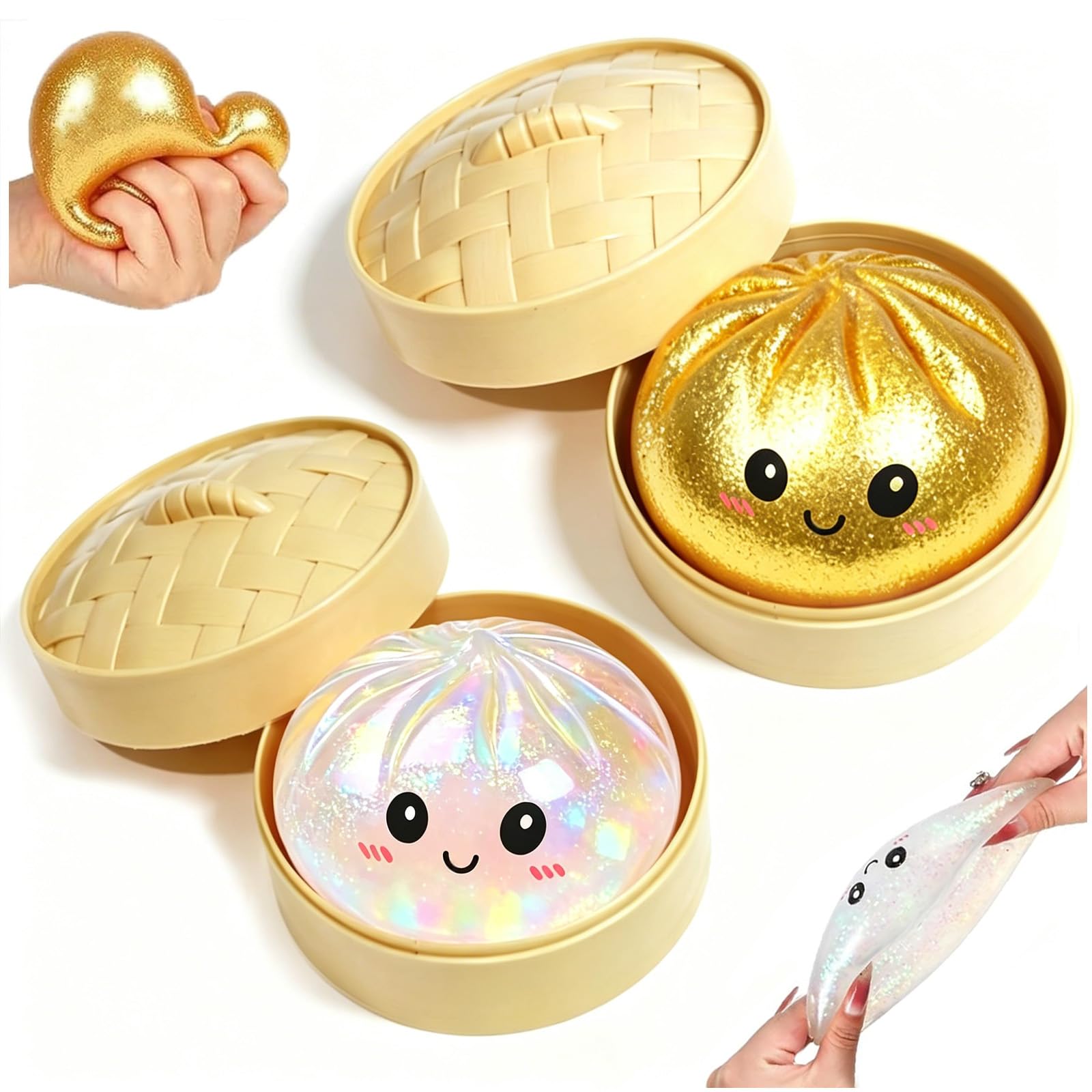 Squishy Géant Ravioli Pailleté Anti-stress - Baozi à Rebond Lent Avec Panier Vapeur - Jouet Sensoriel TPR Pour Enfant Et Adulte (doré + Transparent)