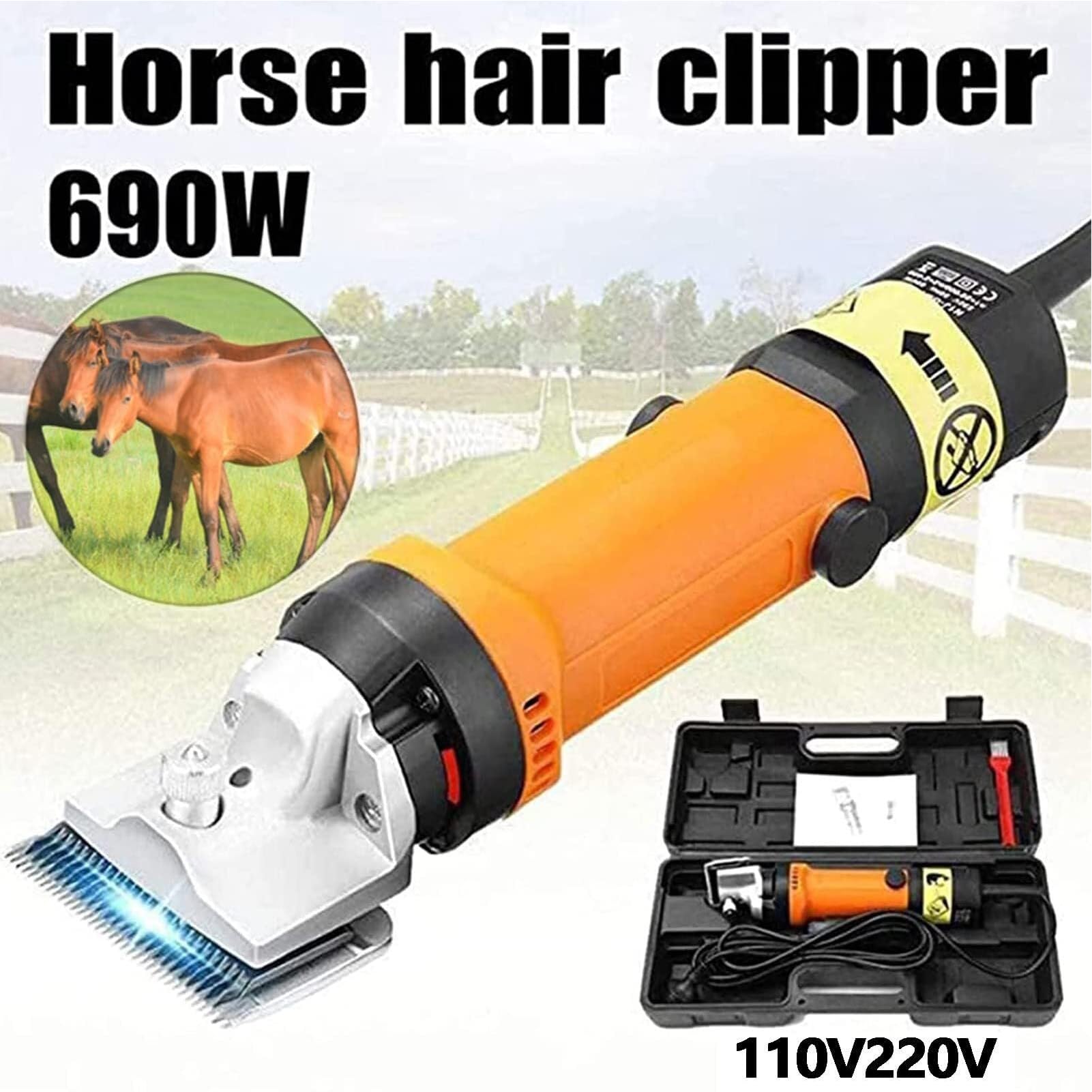 Esquiladora Eléctrica para Caballos 690W, Esquiladora de Ganado Eléctrica con Ajuste de 6 Velocidades y Ajuste de la Tensión de la Cuchilla, Velocidad sin Carga 2400 rpm, Diámetro de Corte 77 Orange