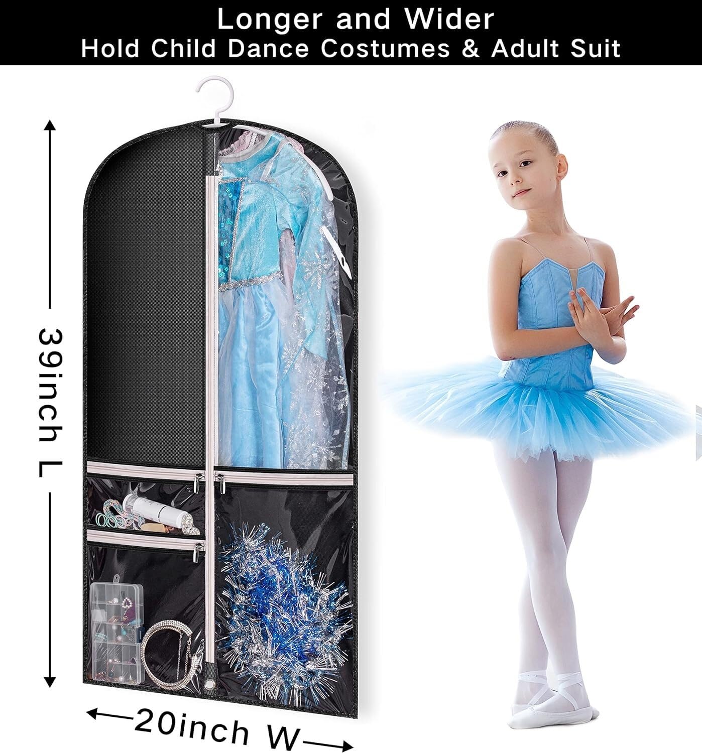 Portatrajes Funda Traje Bolsa Para Ropa De Baile Para Disfraces, 2 Uds., Con 3 Bolsillos Transparentes Con Cremallera Para Trajes, Funda Para Vestido, Almacenamiento De Viaje Y Competiciones Funda Rop