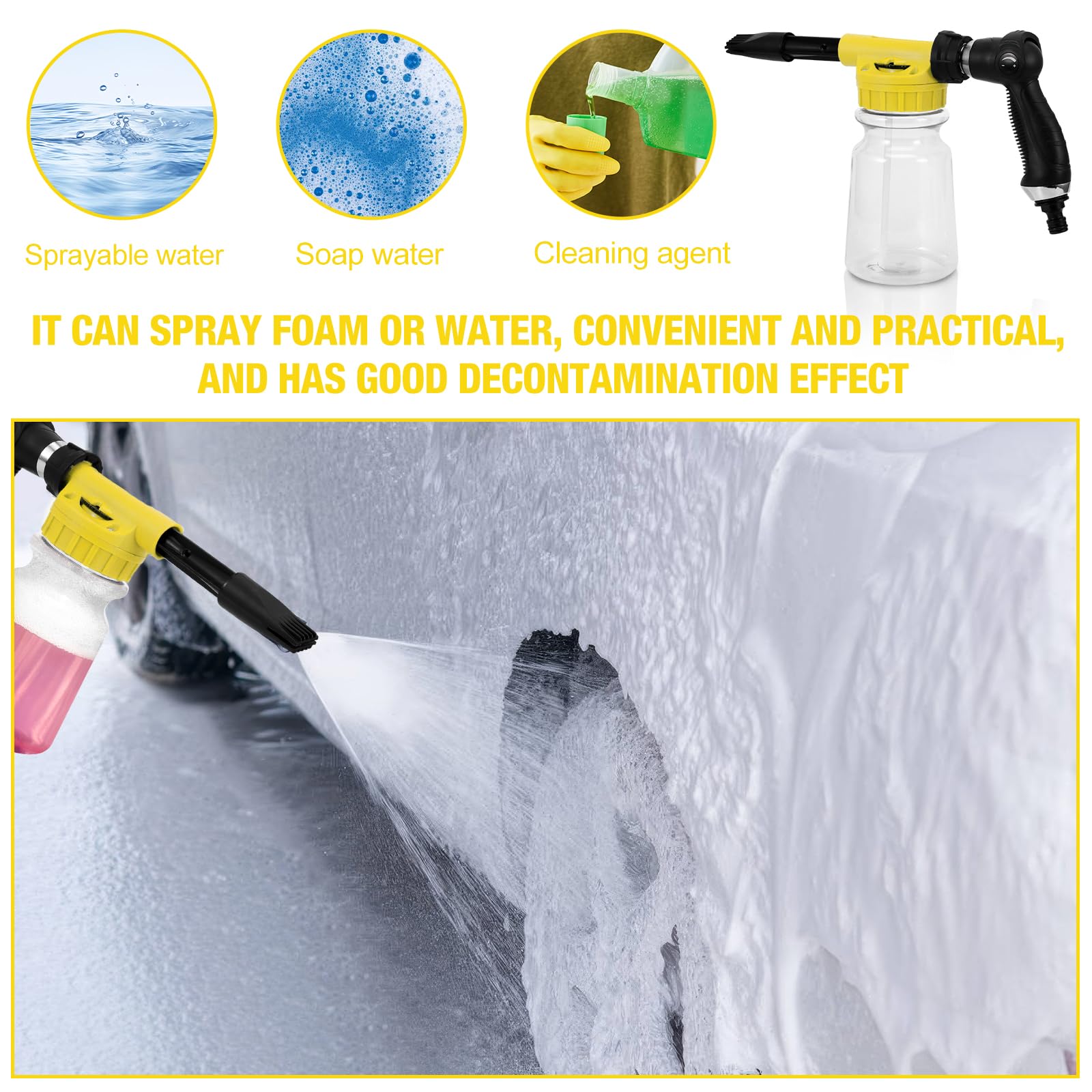 Foam Gun Car Wash 1000ml, 2 in 1 Lancia Schiuma Regolabile, Pistola Schiuma per Pulizia Auto Cannone Schiuma Attacco Tubo da Giardino per Pulizia Auto e Moto Giardini (Giallo)