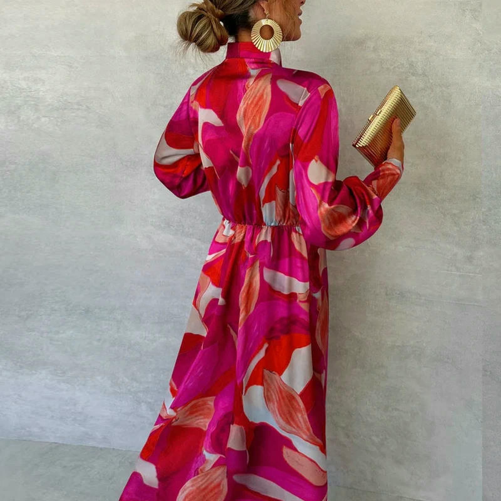 Vestiti a Maniche Lunghe Abito da Pizzo Stampato Donna, Elegante Diviso V, Ad Maxi Irregolare, Pendolarismo Elegante, Abbigliamento Donna Chic