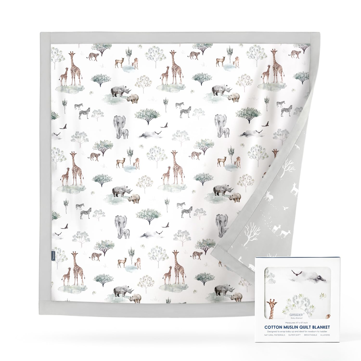 GRSSDER Cotton Muslin Quilt Blanket - Silky Soft and Breathable Baby Blanket Quilt, Oversized Muslin Blankets for Newborns, Toddlers &amp; Kids, 6 Layers Reversible Design for All Seasons, 47" x 47"