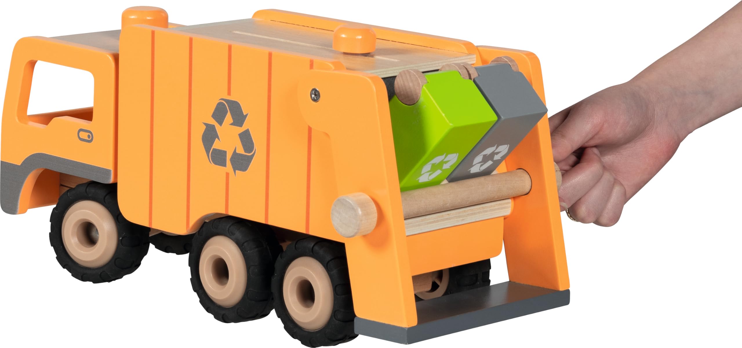 goki 55848 - Camión de Basura Eco de Madera – Dirigible Mediante botón Giratorio, Dispositivo de elevación y 2 Cubos de Basura, 36 × 16 × 17,5 cm