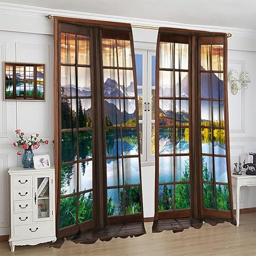 Miniatura 4 de Cortinas de paisaje, paisaje natural, temático, bosque, lago, montaña, escena 3D, bolsillo para barra, cortinas opacas para ventana, para