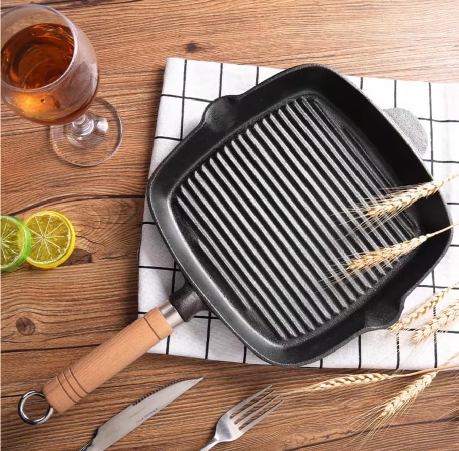 Cast iron skillet with single wood handle, steak skillet grill pan, square BBQ grill pan, steak frying skillet, frying pan, grill skillet, for indoor and outdoor grilling.