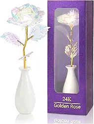 Presentes de Dia dos Namorados com flor de rosa artificial arco-íris com haste de folha dourada e vaso de cerâmica presentes para ela, namorada, presentes de rosa para mulheres, esposa, presentes