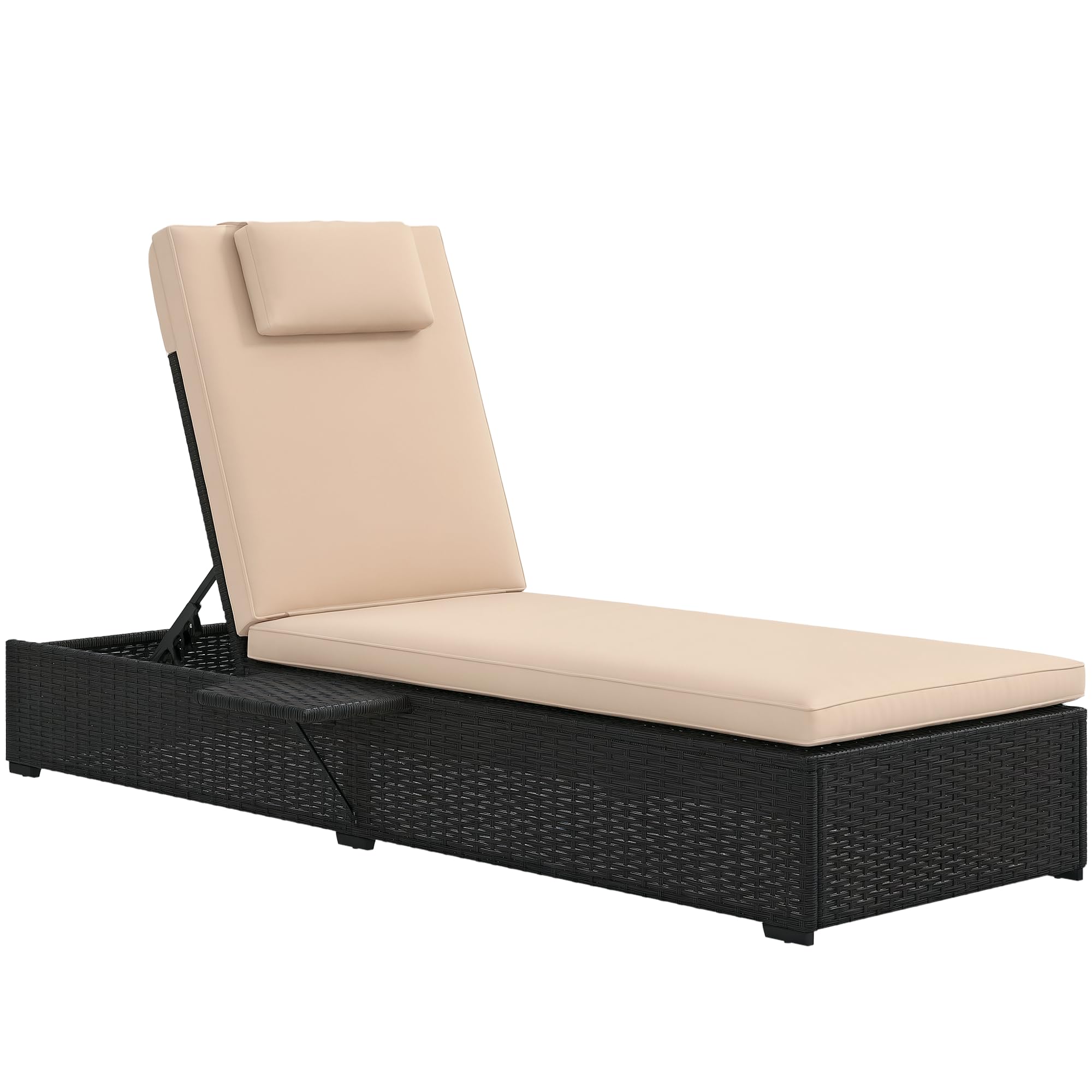 Outsunny Tumbona de Ratán Reclinable Tumbona para Jardín con Respaldo Ajustable en 5 Niveles Mesita y Cojín Carga 120 kg para Patio Terraza Negro y Beige