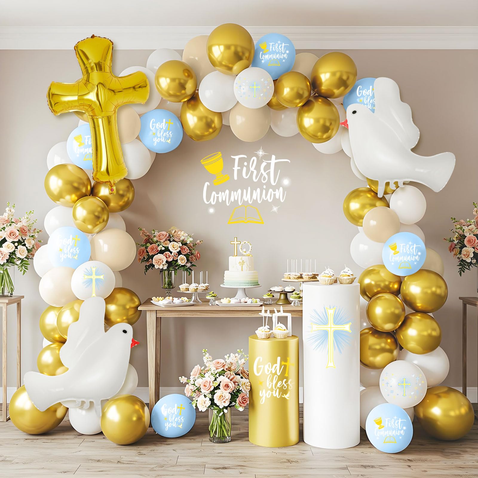 Photo 1 of 169 Pcs First Communion Decorations Balloons Kit Baptism Party Decorations White Metallic Gold Balloons Arch Kit First Holy Communion Decor for God Bless Christening Birthday Theme Party Supplies