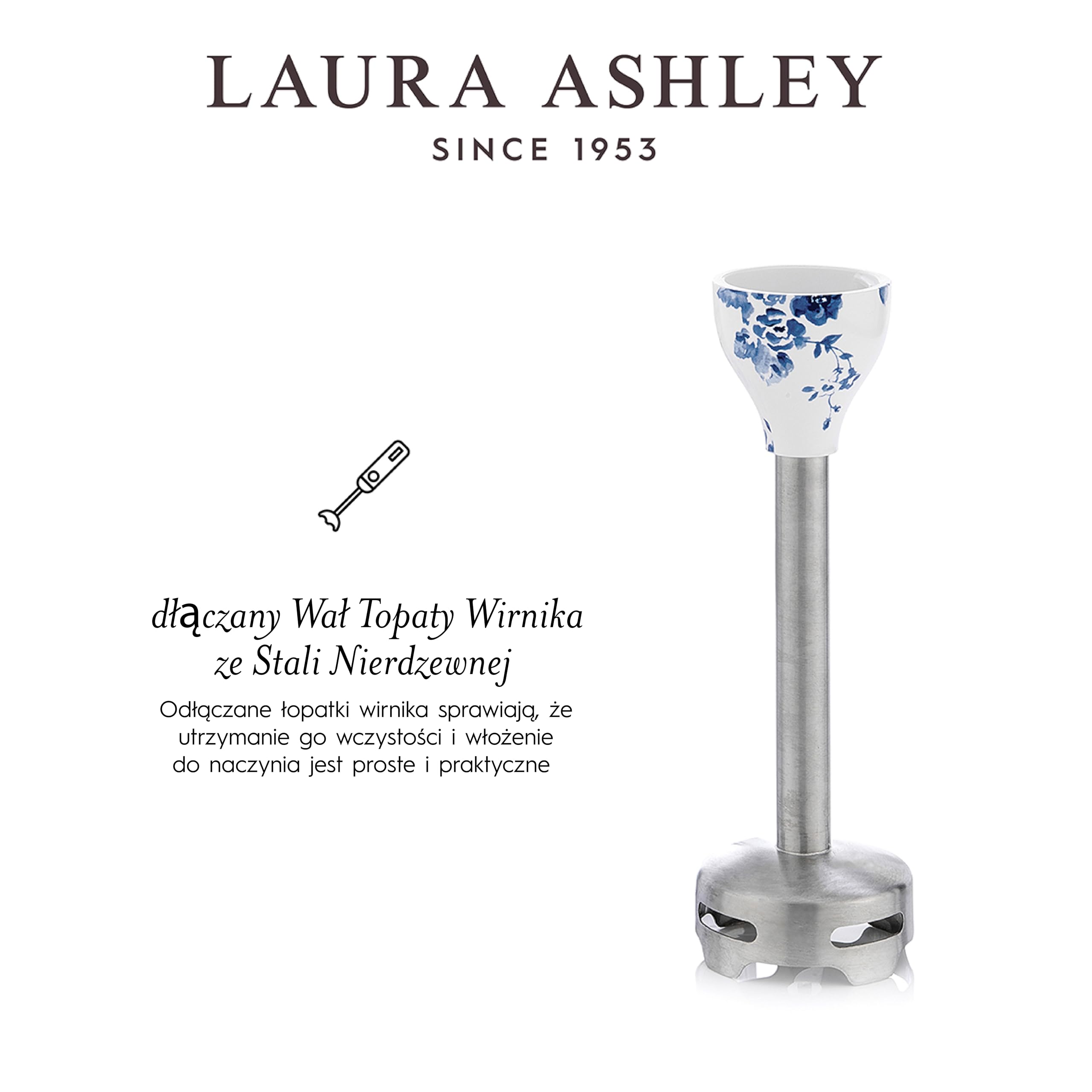 Laura Ashley Elektryczny Blendery Ręczne o Mocy 600 W z Nadrukiem China Rose firmy VQ - Hand Blender 4 w 1 z Ostrzami ze Stali Nierdzewnej, Trzepaczką i Kubkiem do Mieszania o Pojemności 300 ml
