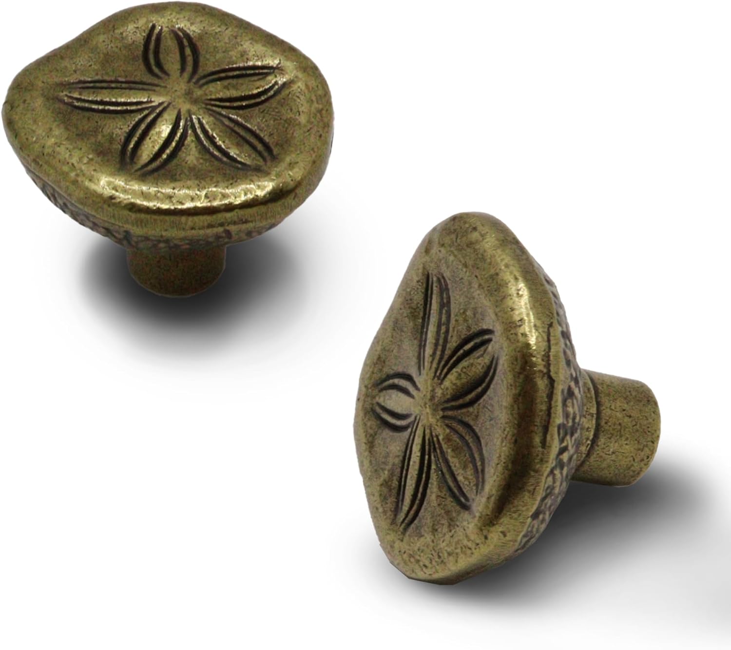 Antique Brass Flower Engraved Cabinet Knobs 4 Pack, 1.3 Inch Vintage Decorative Drawer Pull Handles, Zinc Alloy Furniture Hardware for Dresser, Cupboard, or Restoration Projects