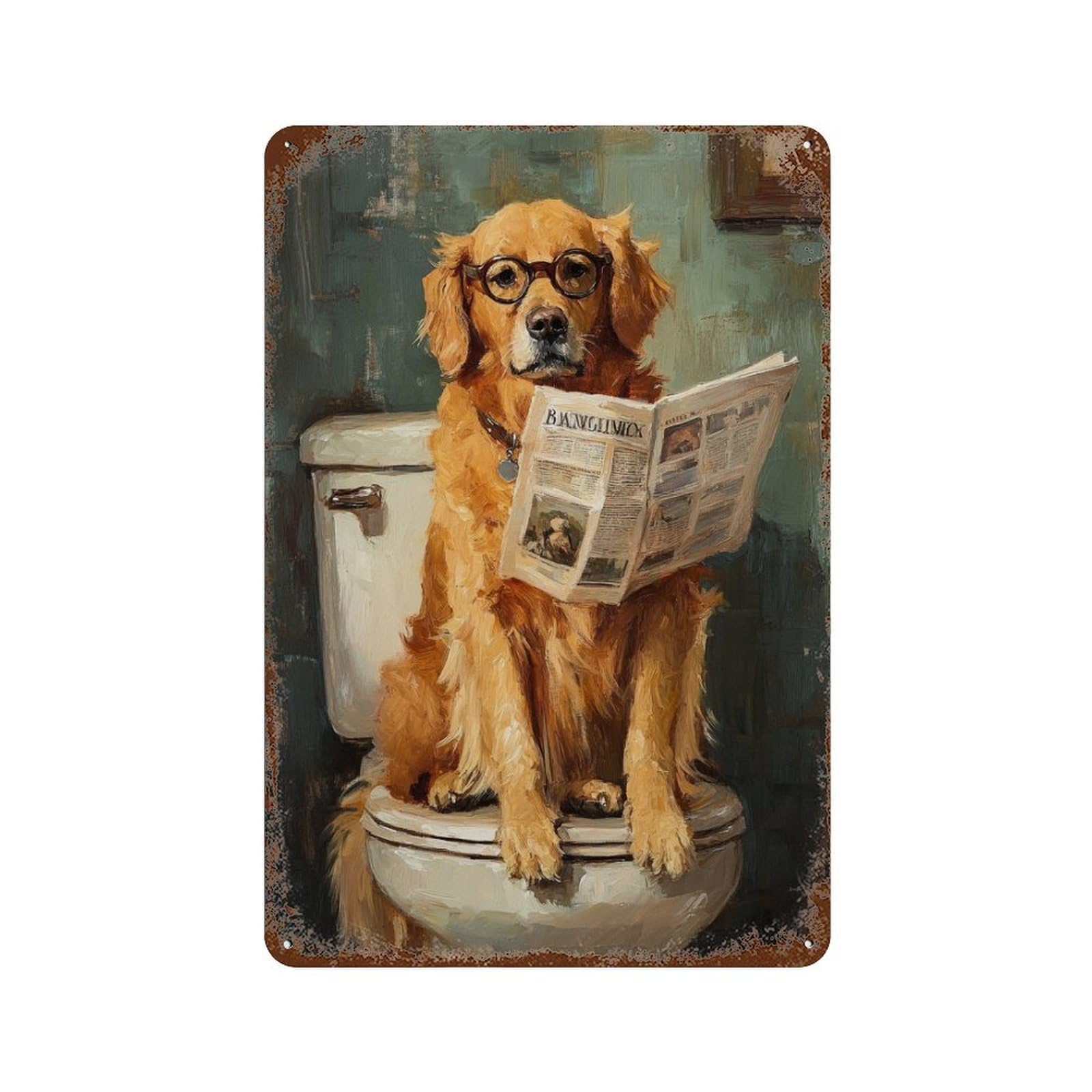 Rustic Tin Plaque Golden Retriever Reading Newspaper-6 11.8"x7.9", Retro Wall Decor for Shed, Workshop And Garage Wall Decor